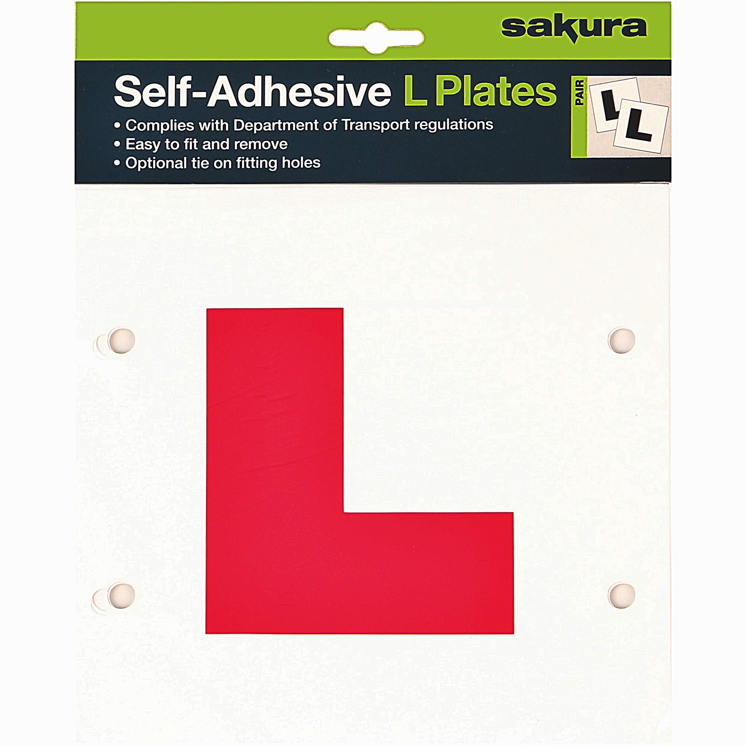 Sakura L Plates For Learner Drivers LP102 - Pair Self-Adhesive Or Tie On - Safe Visible Durable