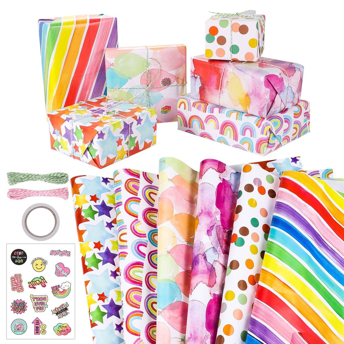 6 x Rainbow Wrapping Paper, 50 x 70cm Happy Birthday Wrapping Paper with Sticker and Rope Gift Wrap Set for Festival, Party or Wedding Gift Wrapping