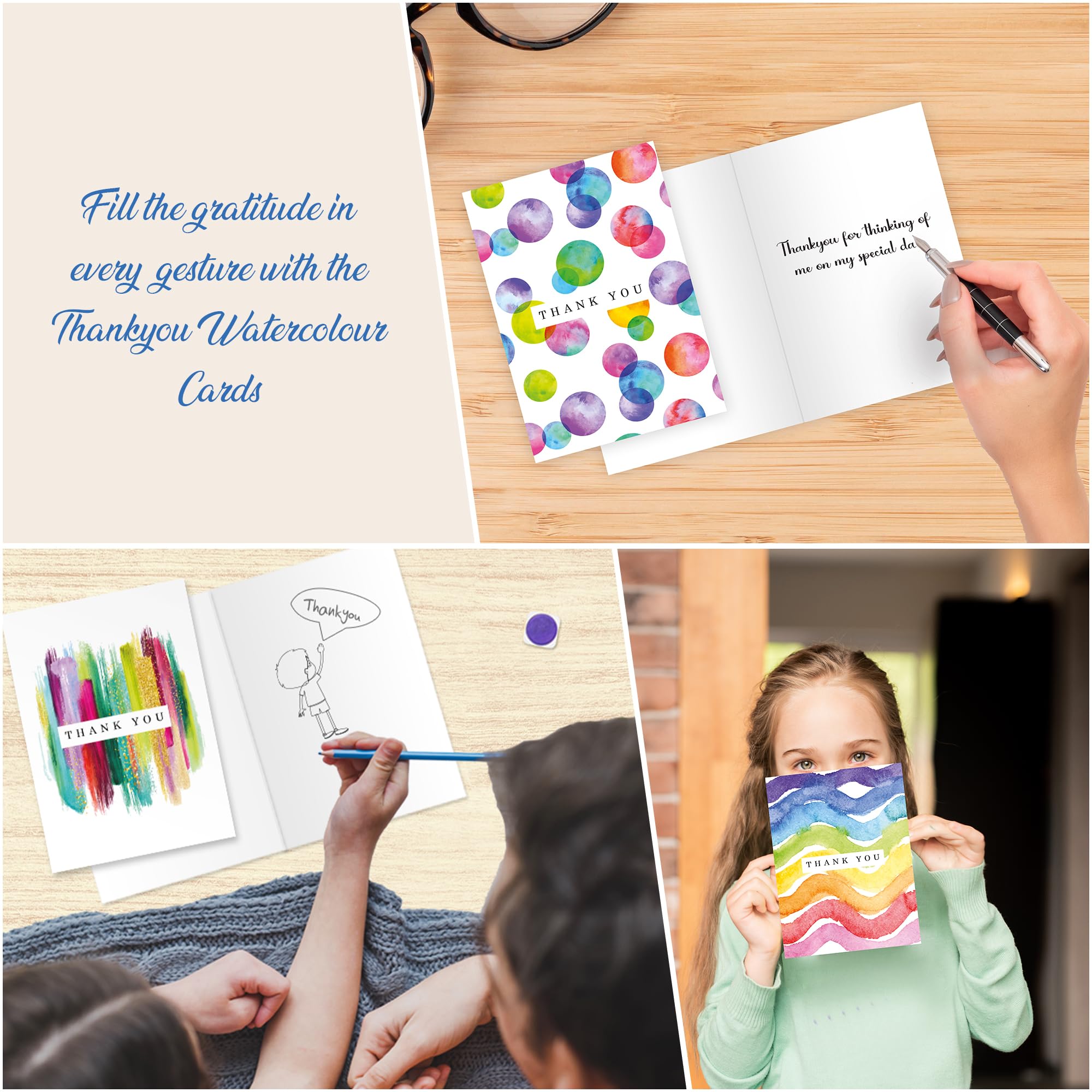 Giftinghouse 12/24/48 Thank You Cards Multipack with Envelopes - Watercolor Greeting cards for teachers, wedding, kids - Fully recyclable and Eco-friendly cards.