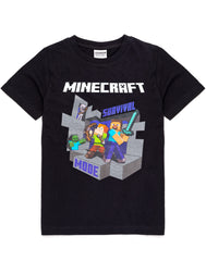 Minecraft T Shirt Boys   Kids Survival Mode Sword Short Sleeve Black Top   Steve Alex Childrens Game Merchandise 5-6 Years