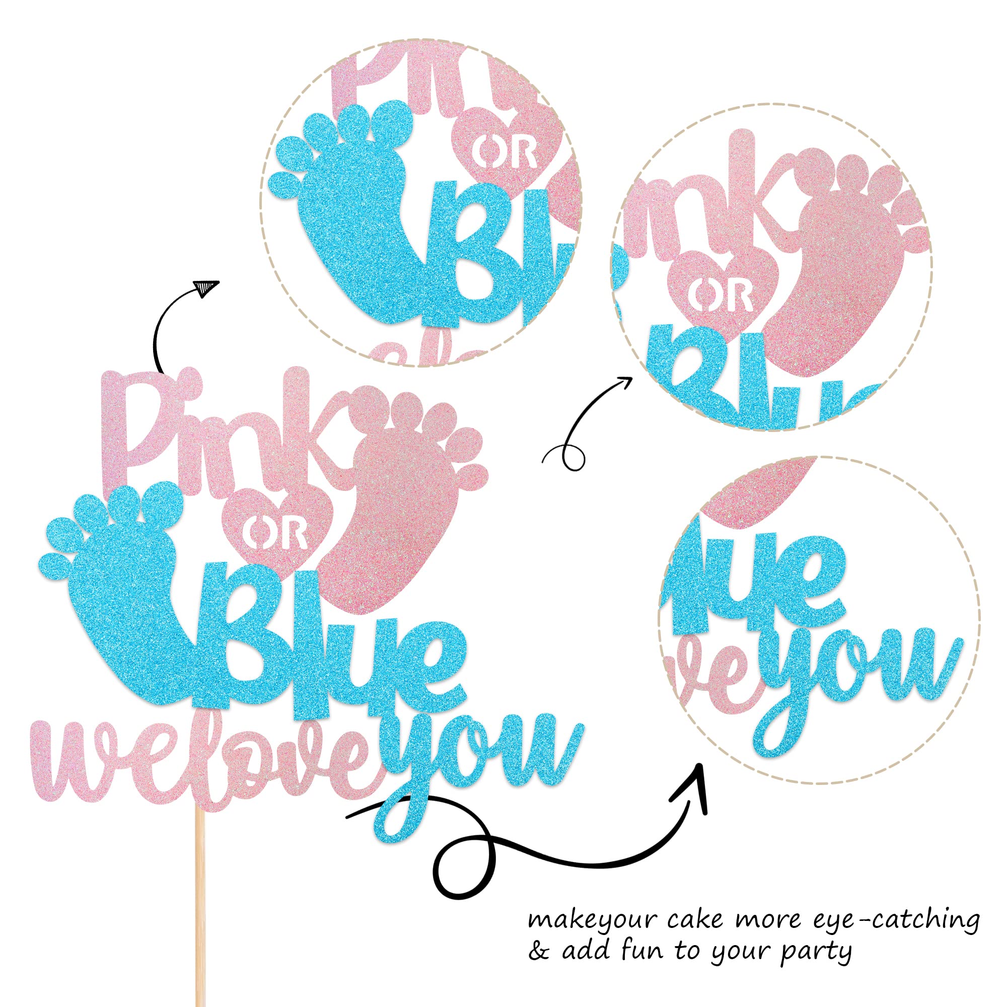 Xsstarmi 1 Pack Pink or Blue Cake Topper Glitter Baby Feet We Love You Cake Pick Gender Reveal Cake Decorations for Gender Reveal Baby Shower Theme Kids Birthday Party Decoration Supplies