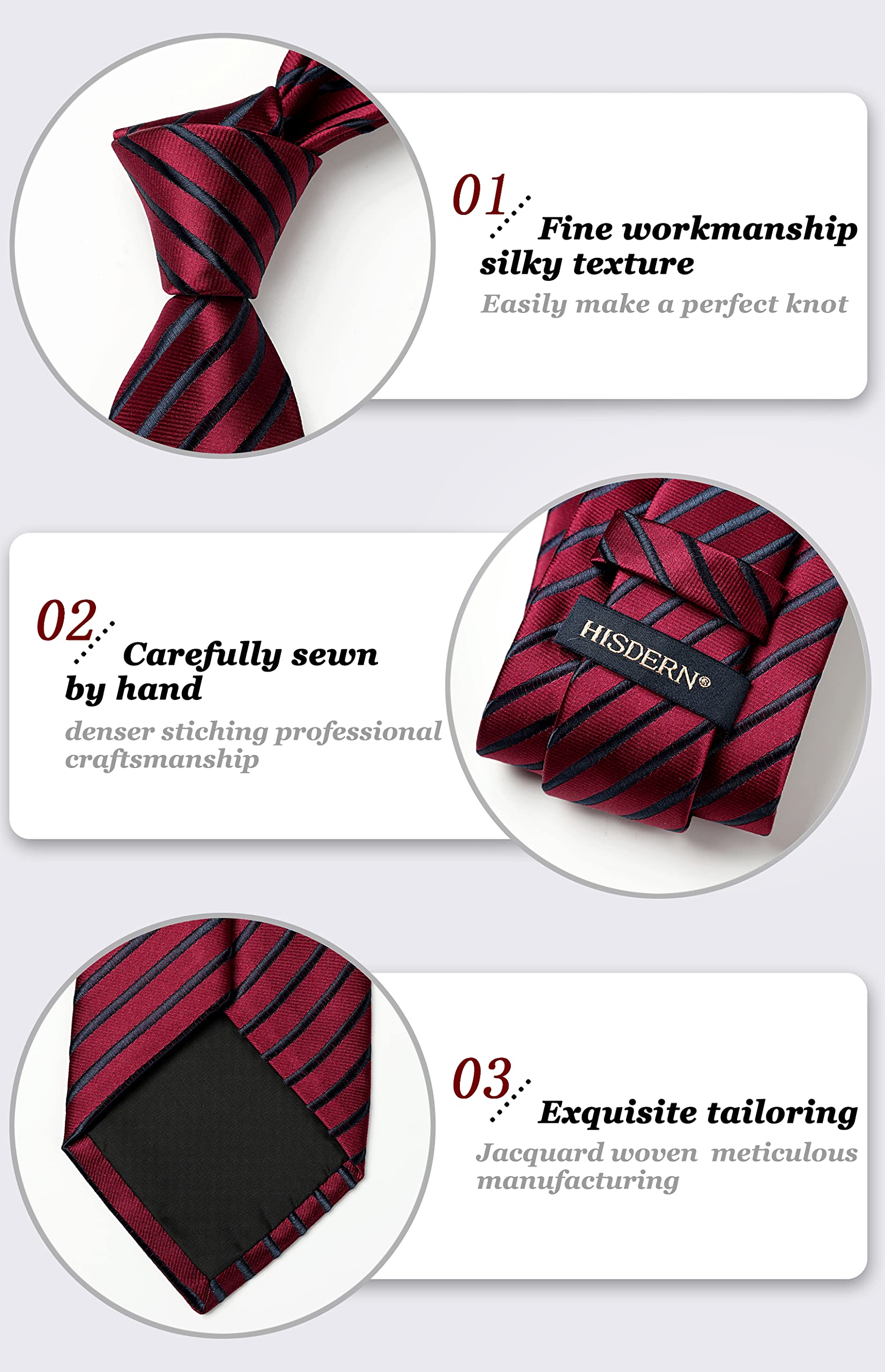 HISDERN Men's Ties Black & Burgundy Tie and Pocket Square Set Striped Formal Classic Elegant Necktie & Handkerchief for Business Wedding Party