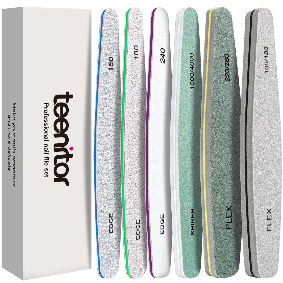 Teenitor Nail File and Buffer Set, 6 Count Nail Files & Nail Buffer Blocks for Natural Nails, Emery Boards for Nails, 100/180 Grit Nail Files for Acrylic and Gel Nails 240 Grit Nail Files