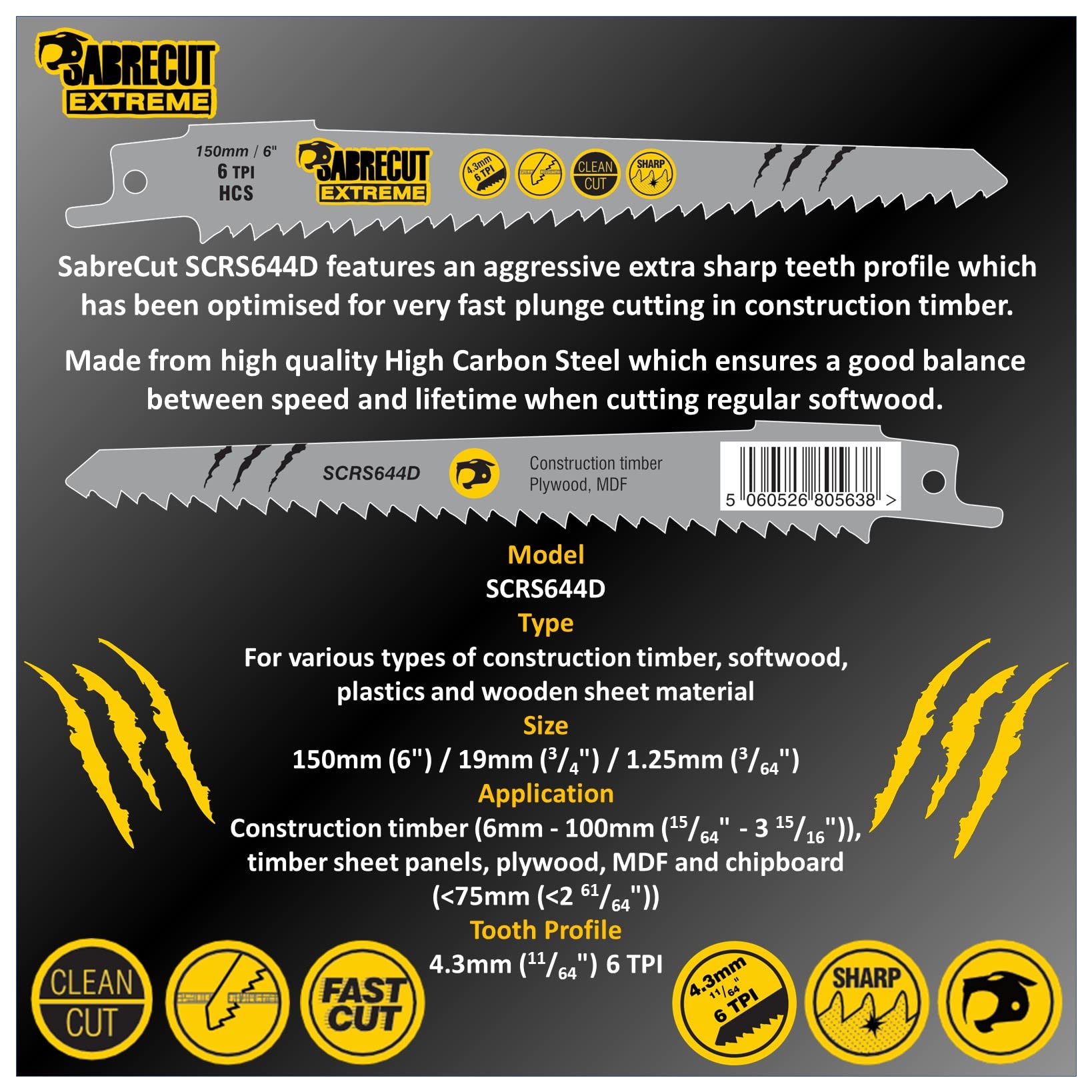 5 x SabreCut SCRS644D_5 150mm 6 TPI S644D Fast Wood Cutting Reciprocating Sabre Saw Blades Compatible with Bosch Dewalt Makita and many others