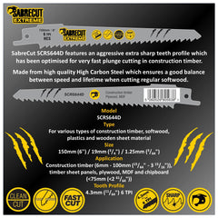 5 x SabreCut SCRS644D_5 150mm 6 TPI S644D Fast Wood Cutting Reciprocating Sabre Saw Blades Compatible with Bosch Dewalt Makita and many others