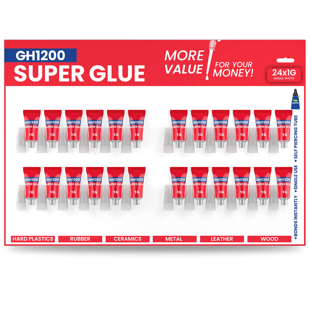 GH1200 1g x 24 Strong Super Glue All Purpose with Anticlog Cap. Super Fast,Thick & Strong Adhesive Cyanoacrylate Glue for Hard Plastics, DIY Craft, Ceramics, Frame,Leather, Metal and Many More