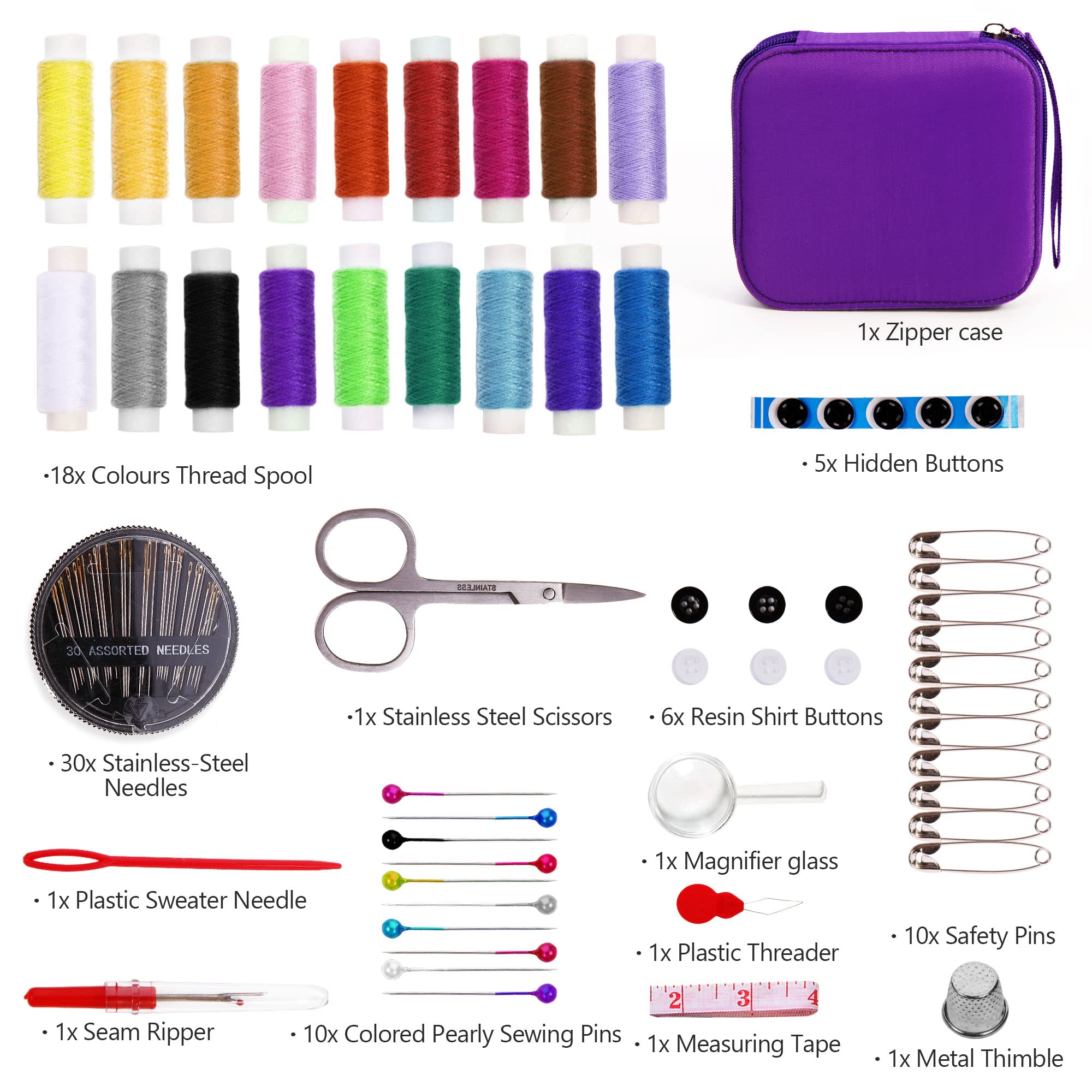 Sewing Kit, AUERVO Mini Sewing Kits 86PCS Thread and Needles Set for Adults, DIY,Home, Travel & Emergency with Compact Small Purple Zipper Case