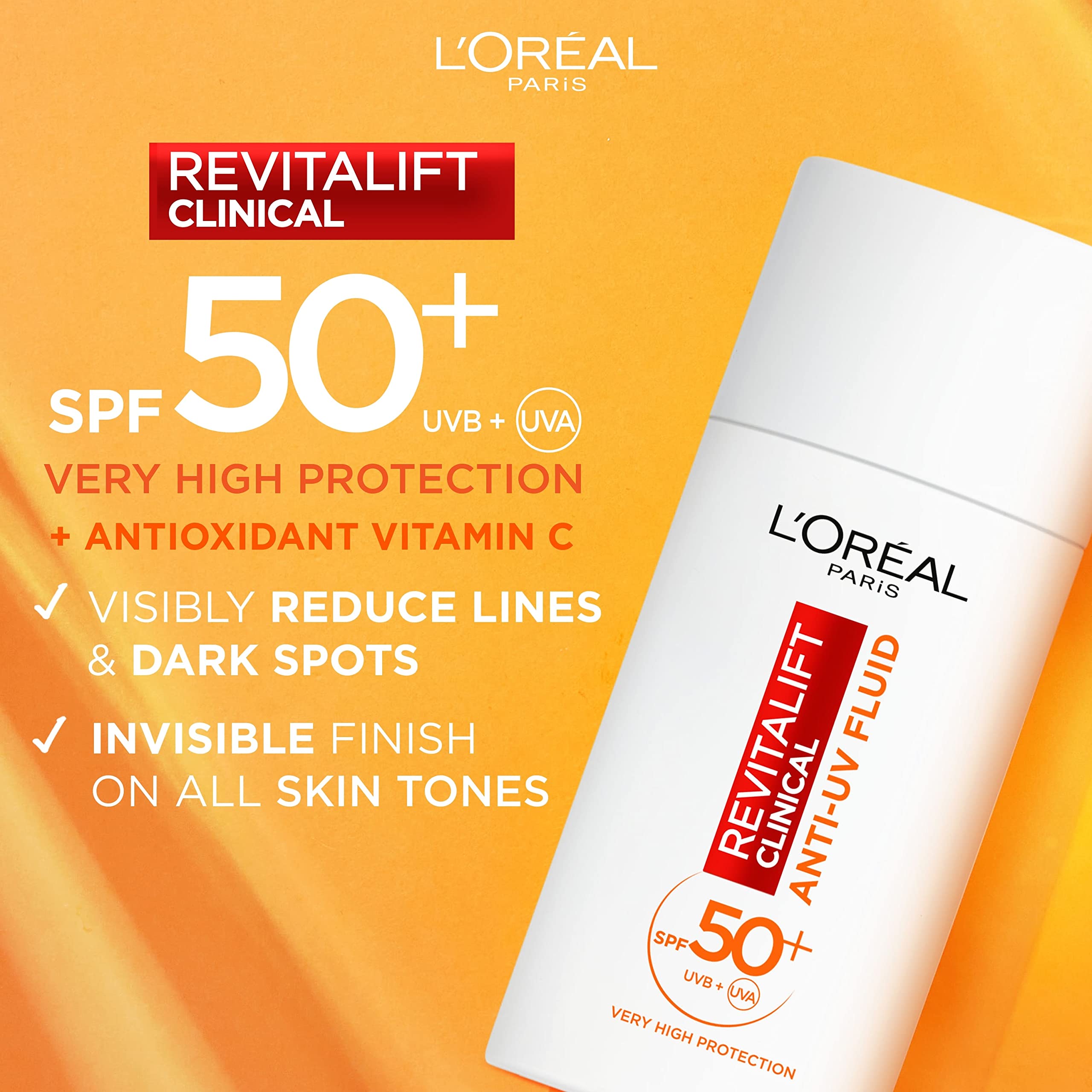 L’Oréal Paris Revitalift Clinical SPF 50and Invisible UV Fluid, Protect, Prevent and Improve Ageing Signs, Non-Oily Formula for All Skin Tones, Advanced UV Protection and Antioxidant Vitamin C, 50ml