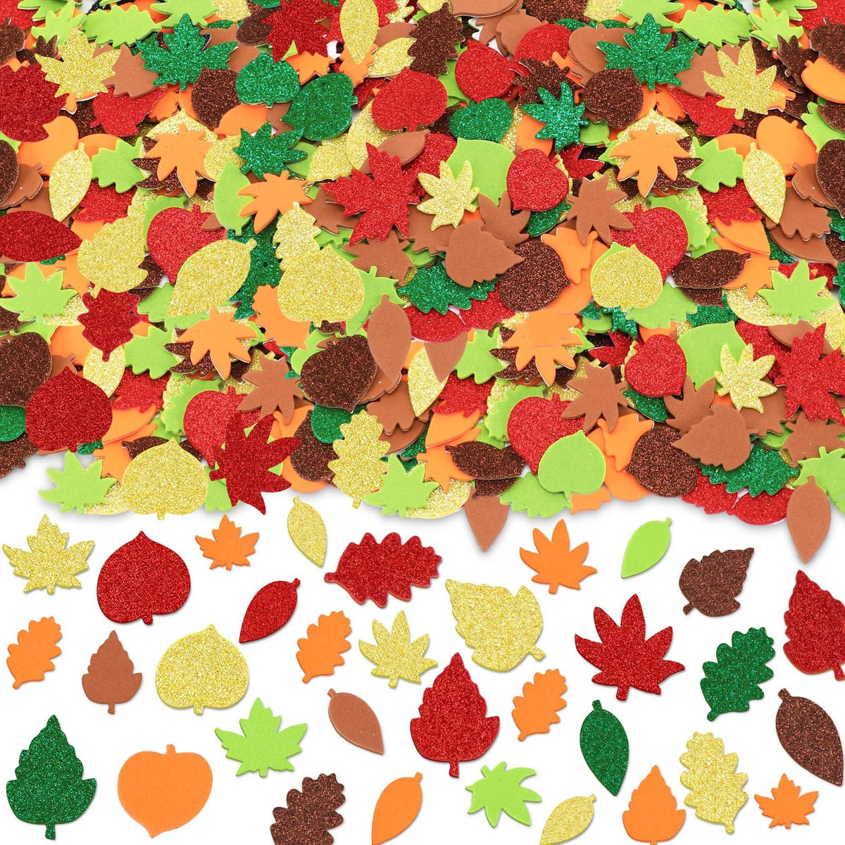 JULBEAR Fall Leaf Foam Sticker, 300Pcs Autumn Thanksgiving Glitter Maple Leaves Self Adhesive Foam Stickers for Kids Thanksgiving Party Favors DIY Crafts Thanksgiving Decorations