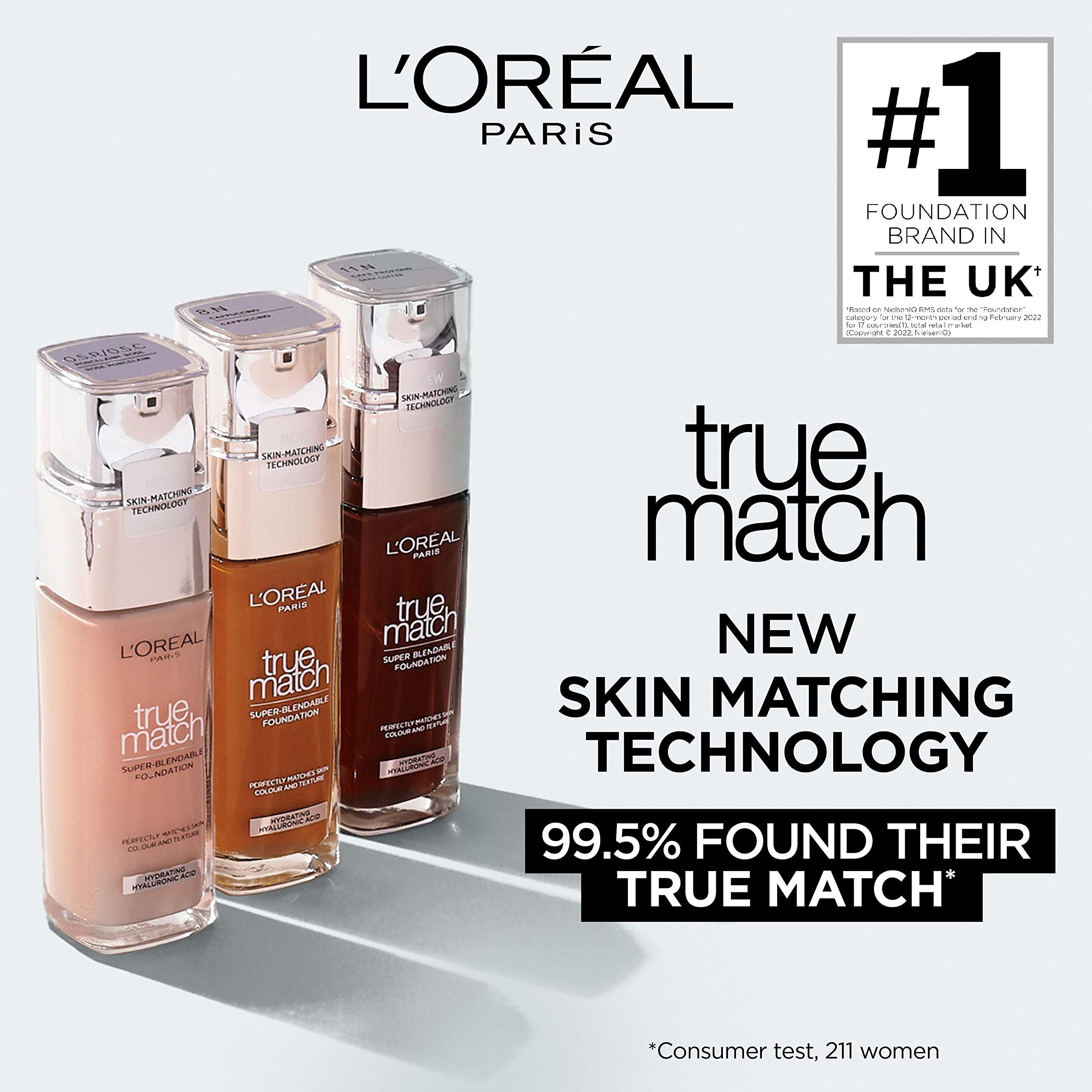 L'Oreal Paris True Match Liquid Foundation, Skincare Infused with Hyaluronic Acid, SPF 17, Available in 40 Shades, 2N Vanilla, 30 ml