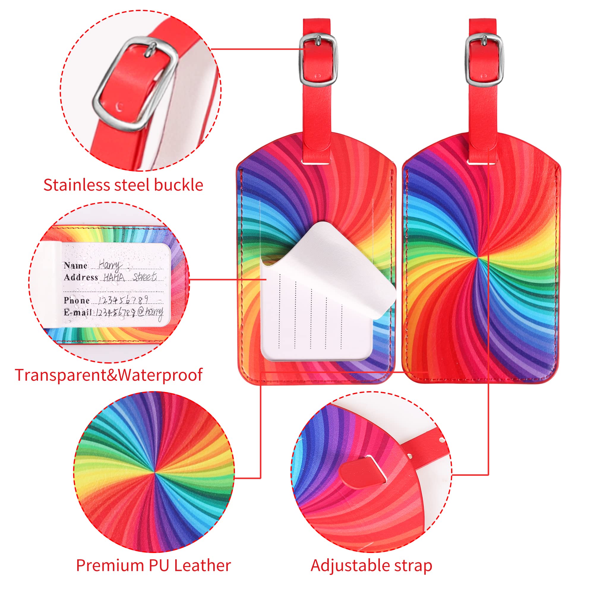 Luggage Tags,2 Pcs Leather Baggage Labels,Luggage Tags for Suitcases,Travel Luggage Tag with Name ID Card for Luggage Cruise Waterproof Travel Accessories (Spinning Rainbow)