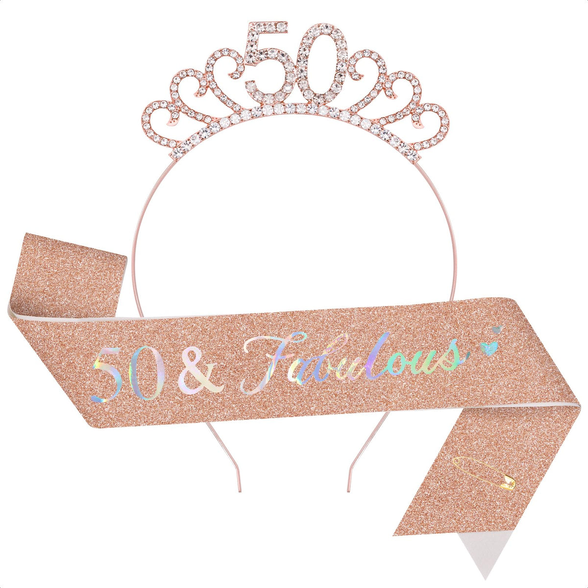 TOPWAYS 50th Birthday Sash and Tiara Set, Rose Gold 50 Glitter Crown Headband & Fabulous Sash Party Supplies 50th Birthday Gifts for Women Girls Her 50th Birthday Decorations (50 Fabulous, Rose Gold)
