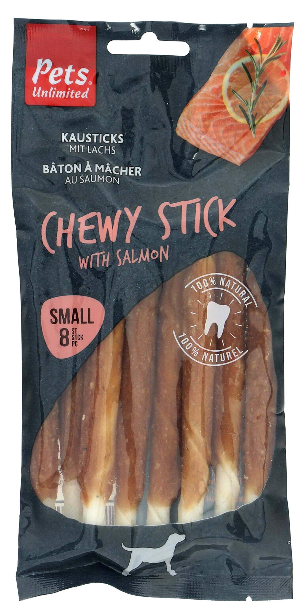 Pets Unlimited Chewy Sticks with Salmon, 8pc transparent