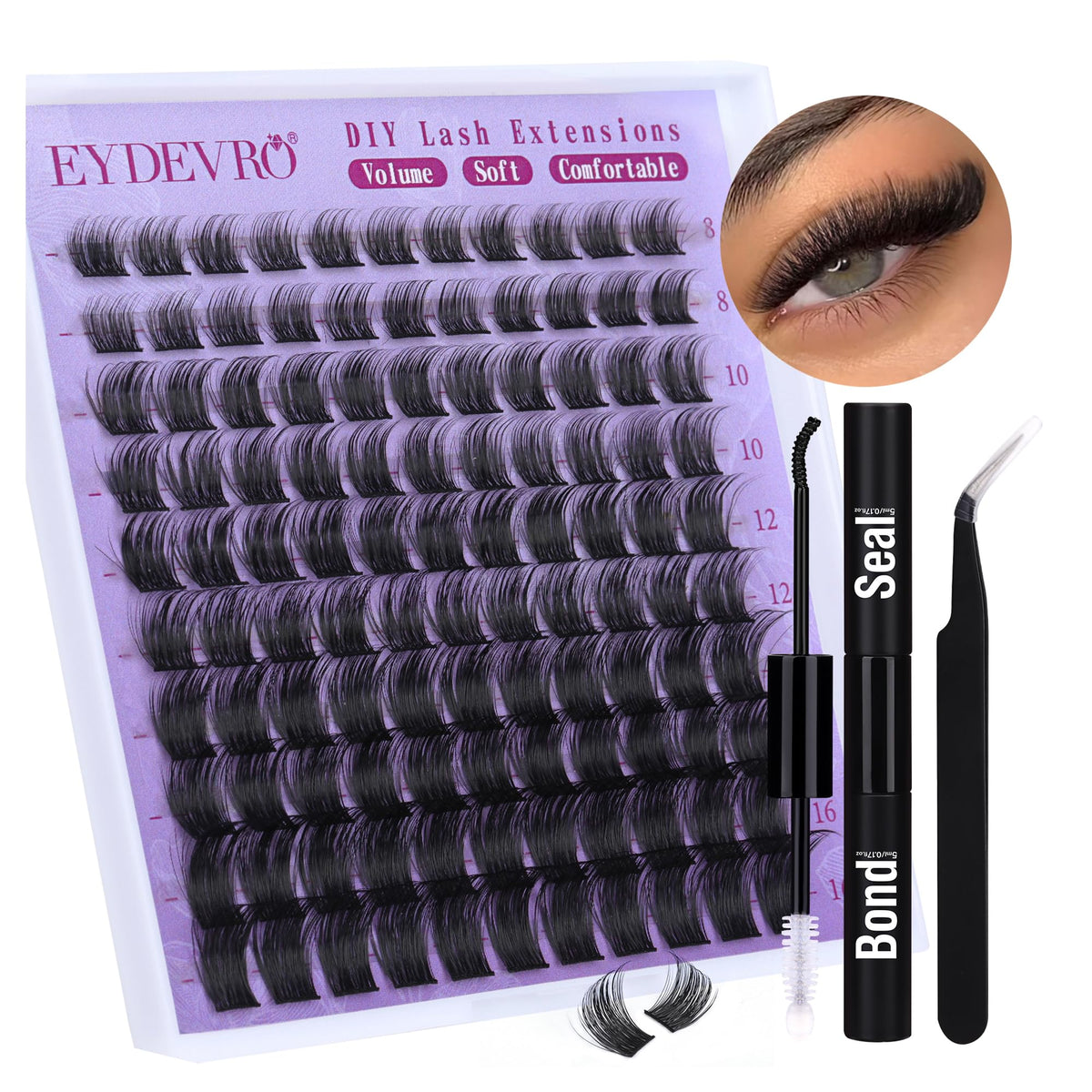 EYDEVRO D Curl Cluster Lashes DIY Lash Extension Kit Lashes Individual Clusters Kit Wispy Eyelash Extension Kit 8-16mm Eyelash Extensions with Lash Bond and Seal and Tweezers (0.07D, 8-16mm, D Curl)