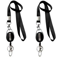 2 Lanyards and 2 Retractable Badge Reel with Clip and Key Ring for ID Card Holders (Black)
