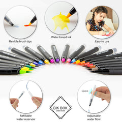 Bik bok creations 20 Watercolor Brush Pens Versatile Water-Based Ink Set for Colouring, Bullet Journals, Calligraphy, and Drawing - Premium Art Supplies with Blending Brush