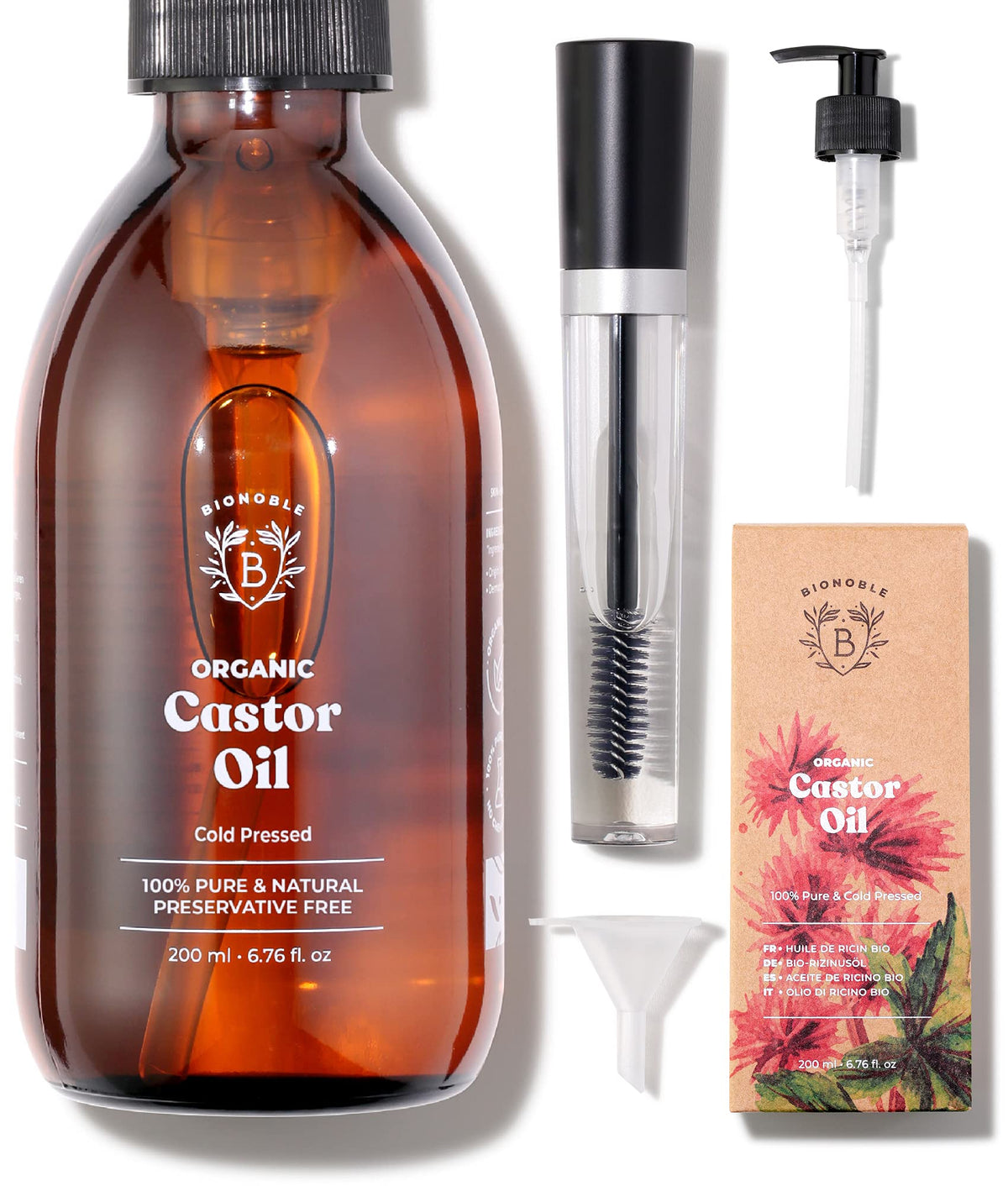 Bionoble Organic Castor Oil 200ml - 100% Pure, Natural, Cold Pressed - Lashes, Eyebrows, Body, Hair, Beard, Nails - Vegan and Cruelty Free - Glass Bottle and Pump and Mascara Kit