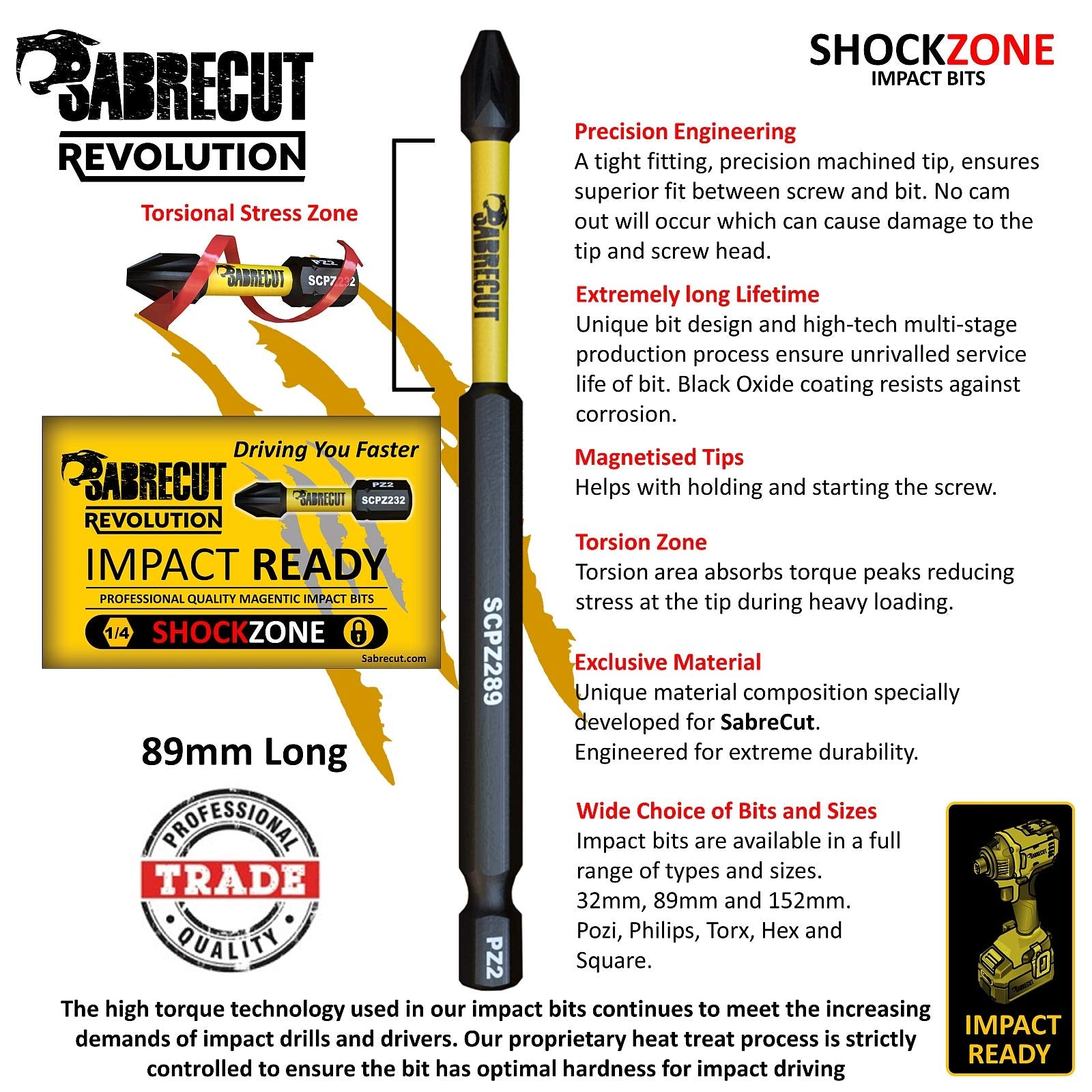 10 x SabreCut SCRK89 89mm PZ1 PZ2 PZ3 PH1 PH2 PH3 TX20 TX25 TX30 TX40 Magnetic Impact Screwdriver Driver Bits Set Pozi Pozidrive Phillips Torx Compatible with Dewalt Milwaukee Bosch Makita etc