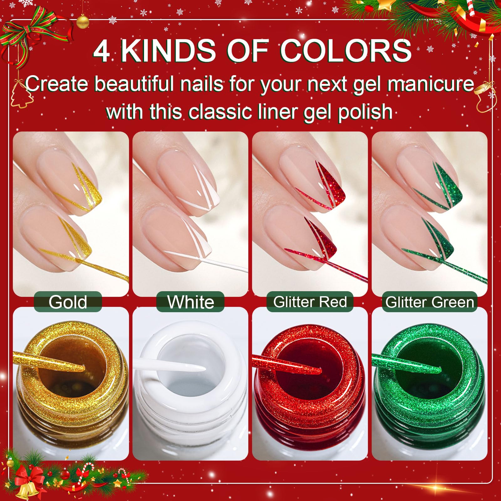 Yueshop Christmas Nail Art Gel Liner Polishes Set, 4x 8ml White Gold Red Green Colors Painting Soak Off Collection Drawing UV Gel Nail liner Thin Nail Art Brush Pen Tool for Girls Women's DIY Nail Art