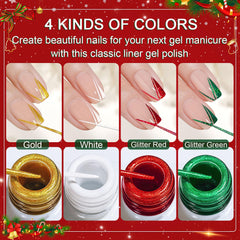 Yueshop Christmas Nail Art Gel Liner Polishes Set, 4x 8ml White Gold Red Green Colors Painting Soak Off Collection Drawing UV Gel Nail liner Thin Nail Art Brush Pen Tool for Girls Women's DIY Nail Art