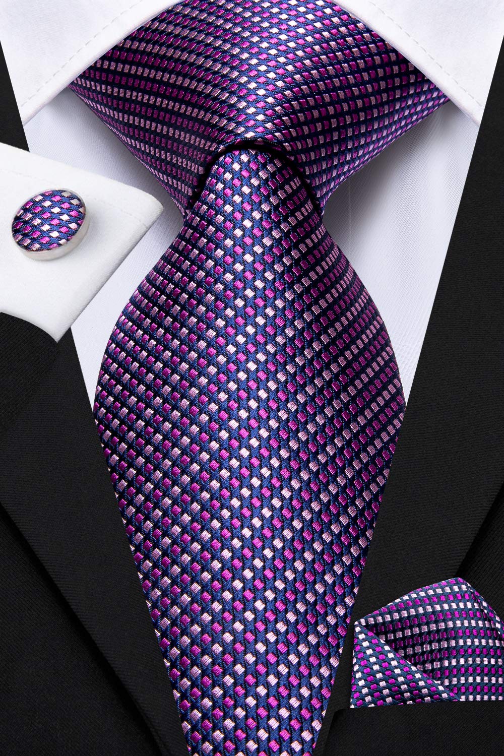 Dubulle Pink Checks Ties for Men Purple Rose novelty Mens Neckties Wedding Handkerchief Cufflinks Set