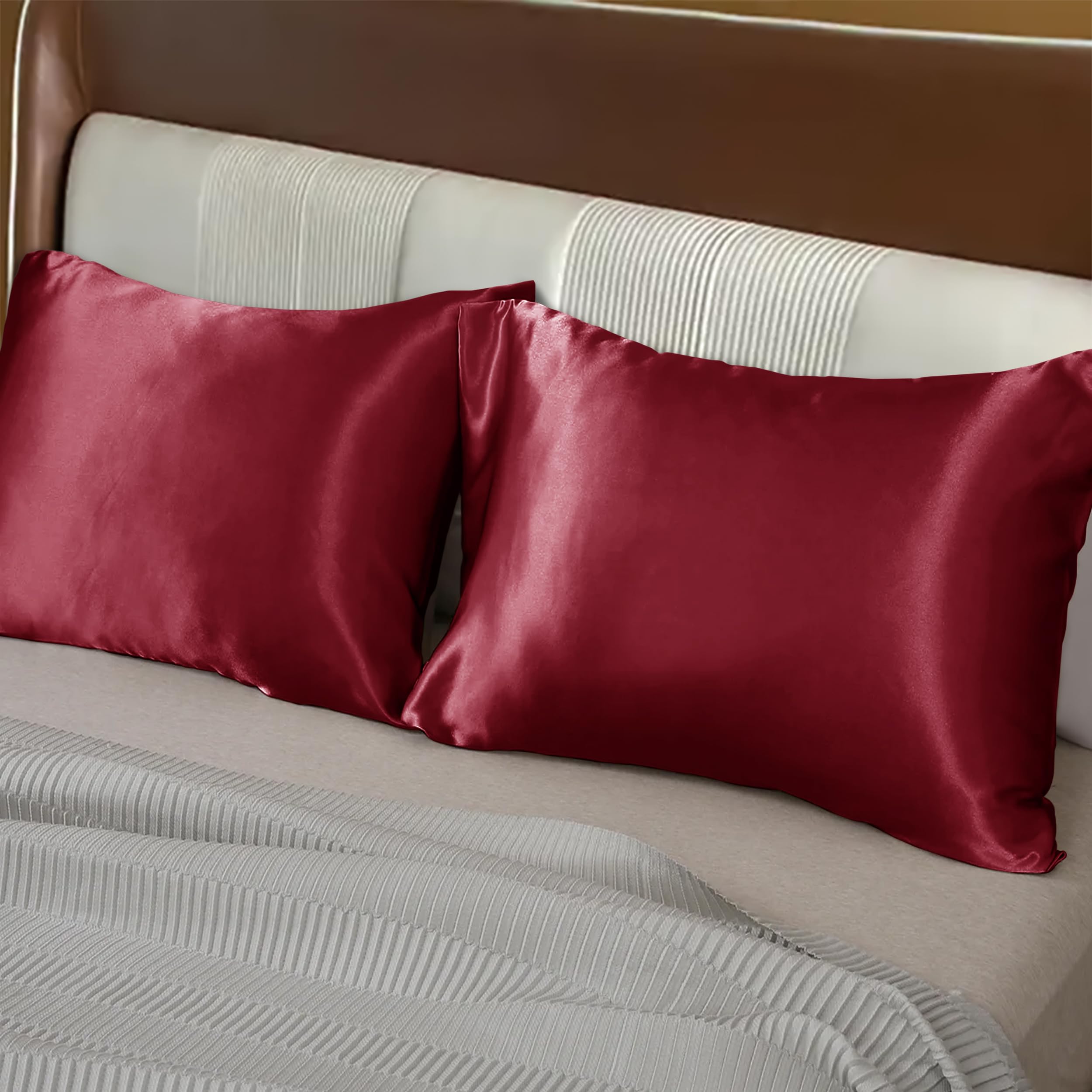 Moonlight Bedding Satin Pillowcases 2 Pack - Burgundy Silk Pillowcases with Envelope Closure Satin Pillow Case Standard Hotel Quailty Satin Silk Pillowcase (50x75cm))