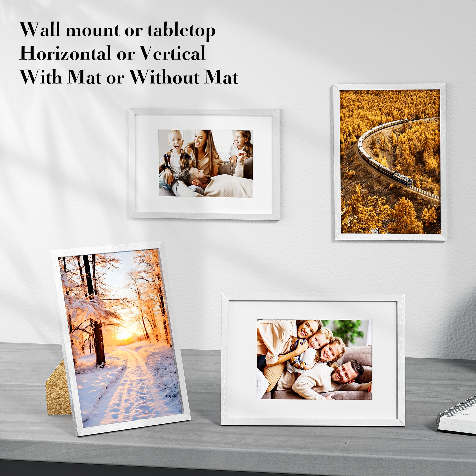 A4 Frame Wooden Set of 2, A4 Photo Frames with A5 Mount, A4 Picture Frames with Stand Tabletop or Wall Hanging, A4 White Frame Poster Frame with Plexiglass Window, White