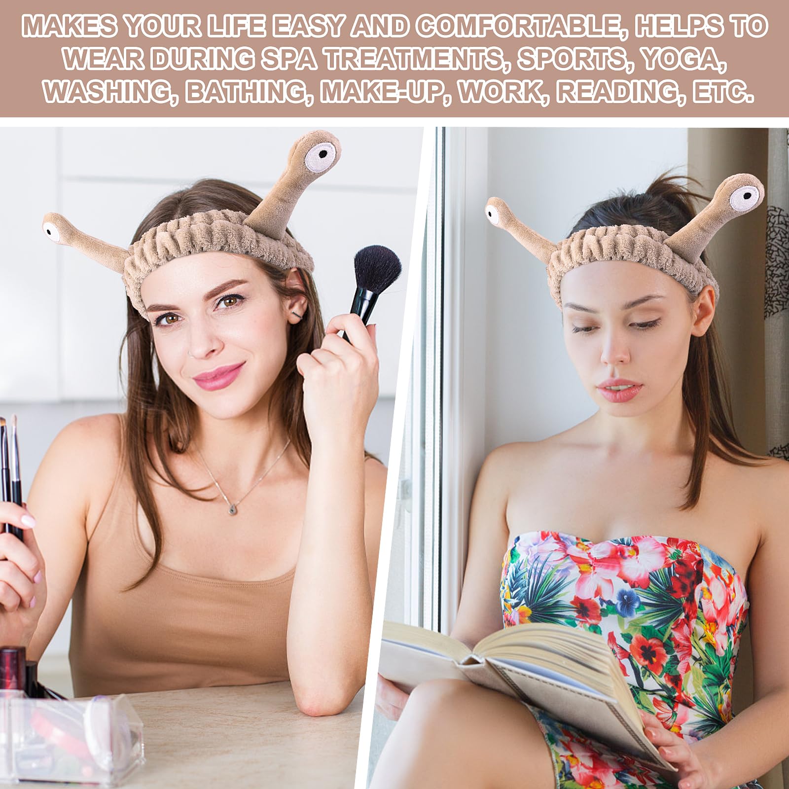 Face Wash Headband, Palm and Snail Spa Hair Bands Makeup Headbands Women Cartoon Cute Coral Fleece Elastic Headband Creative Hair Accessories for Washing Face Shower Sports Beauty Skincare (Khaki)