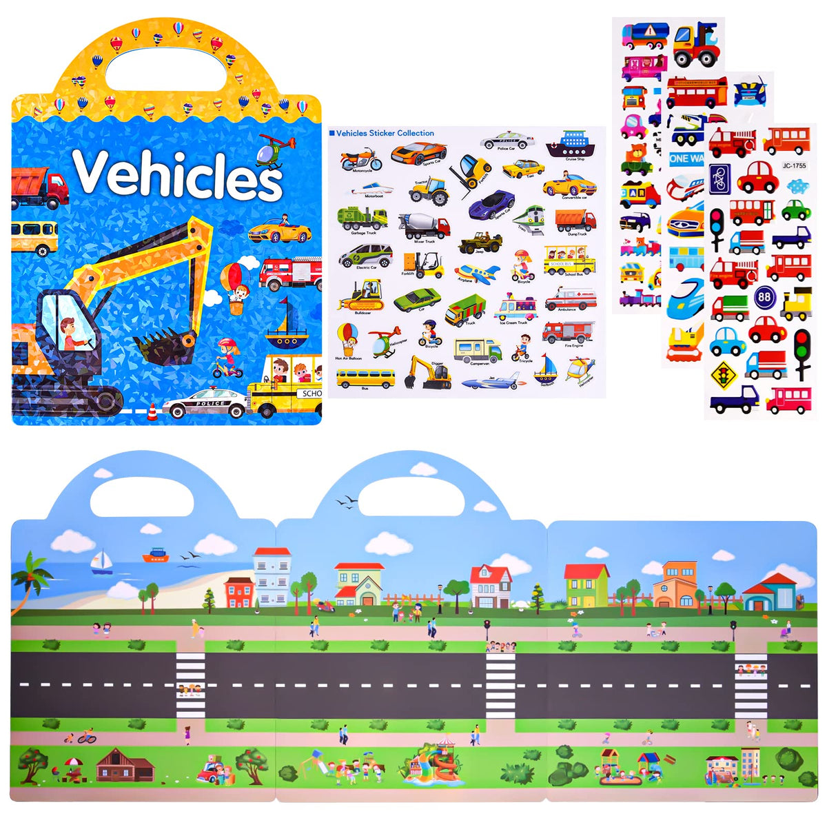 ASTARON Reusable 3D Puffy Sticker Book for Kids, 88 Pcs Cute Waterproof Vehicles Stickers, Puffy Sticker Game Travel Stickers and Educational Sensory Learning Toy（3-6 Age）