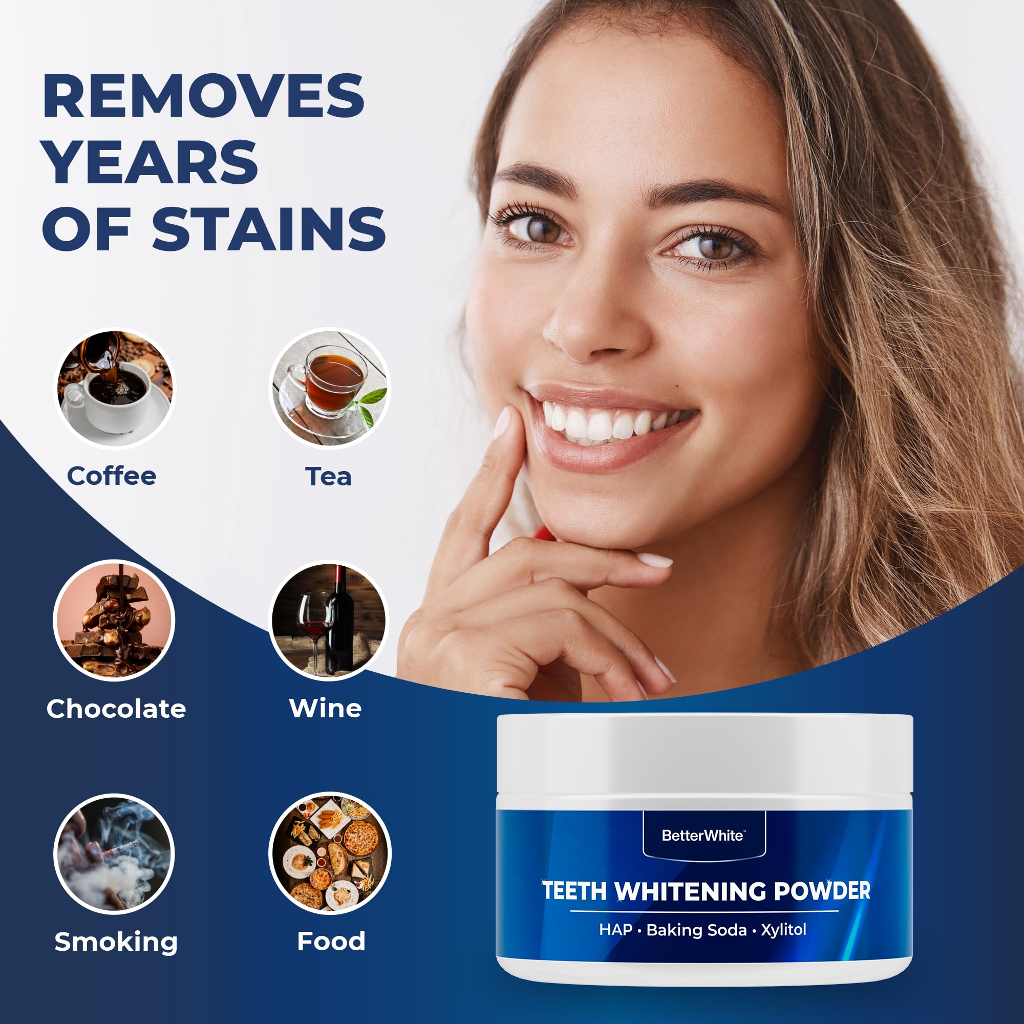 BetterWhite Teeth Whitening Powder - Dentist-Approved & Enamel-Safe   6 Month Supply   Tea, Coffee, Wine & Smoking Stain Remover   Non-Sensitive Formula   Peroxide-Free   HAP, Baking Soda & Xylitol