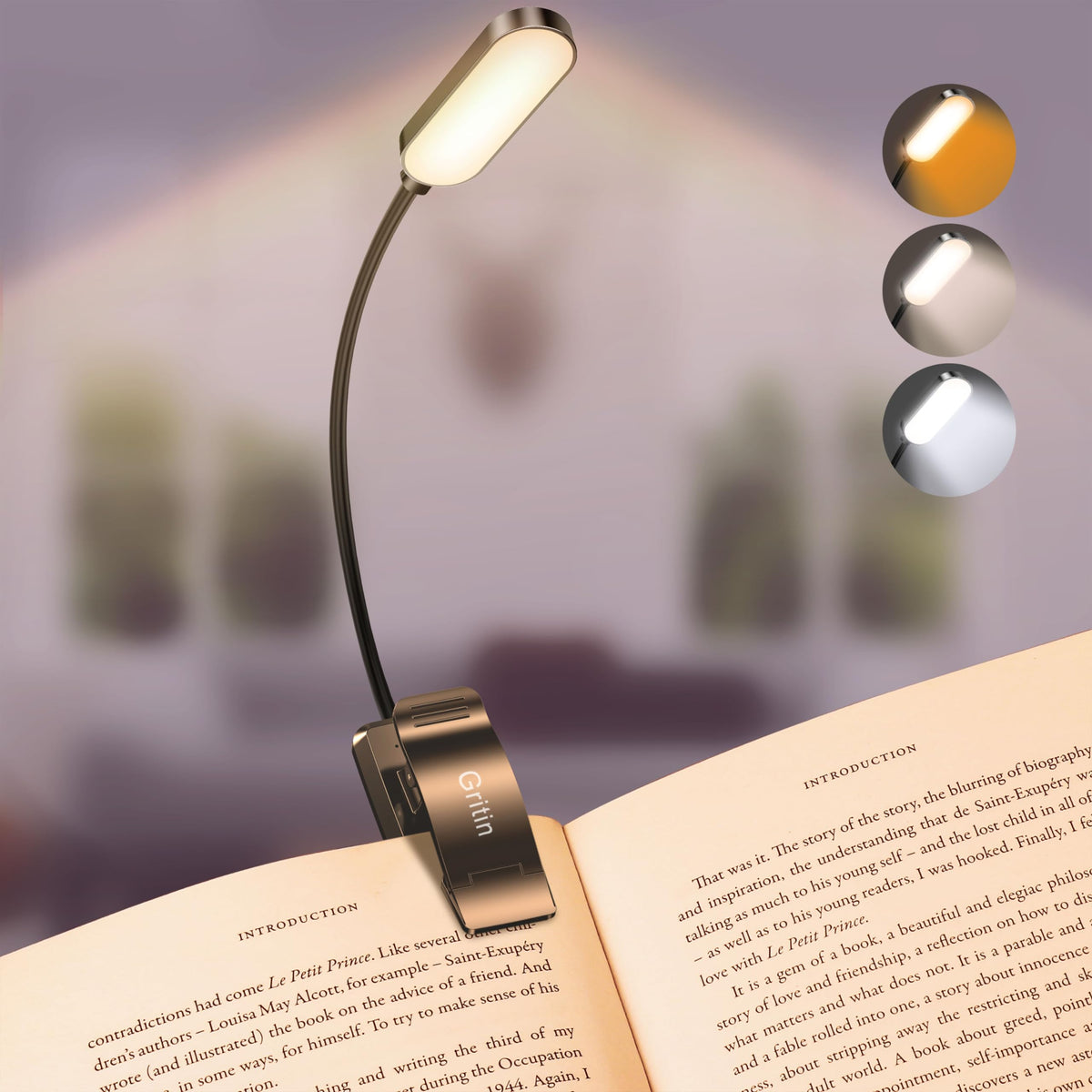 Gritin 16 LED Reading Light, Book Light 3 Eye-Protecting Modes Book Lamp (White/Amber/Mixed) - Stepless Dimming, Rechargeable, Long Battery Life, 4-Level Power Indicator, Flexible Clip on Book Light