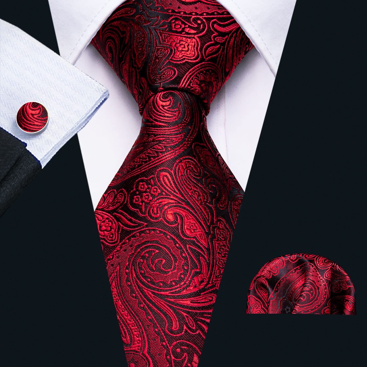 Barry.Wang Paisley Man Tie Set Silk Wove Necktie Handkerchief Cufflinks Jacquard Stain Formal Business Purple