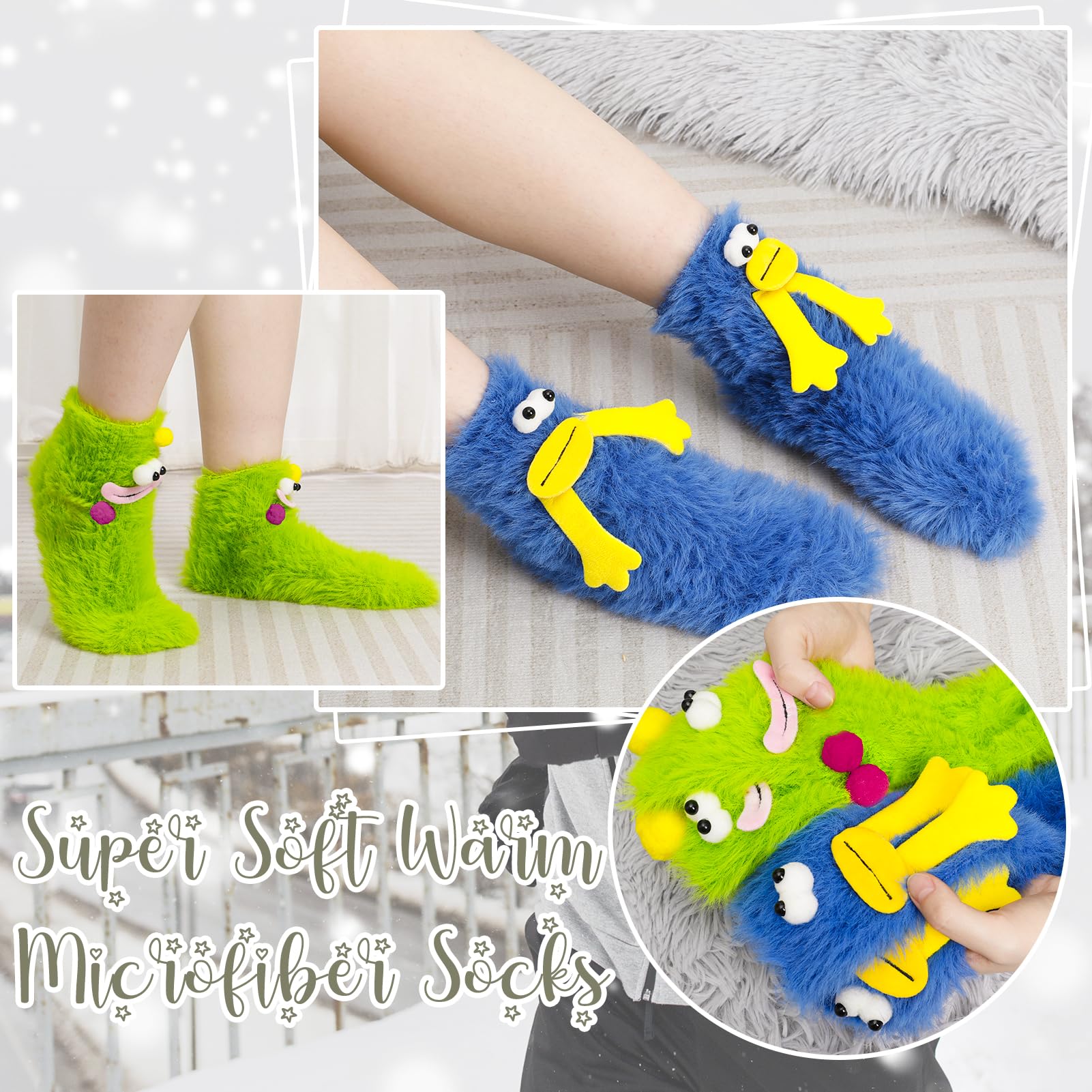 Zuimei 2 Pairs Fluffy Cartoon Monster Socks,Fuzzy Cute Monster Socks Warm Cozy Winter Warm Soft Slipper Sock Cute Fluffy Socks Women Non Slip Fluffy Socks for Women Girls