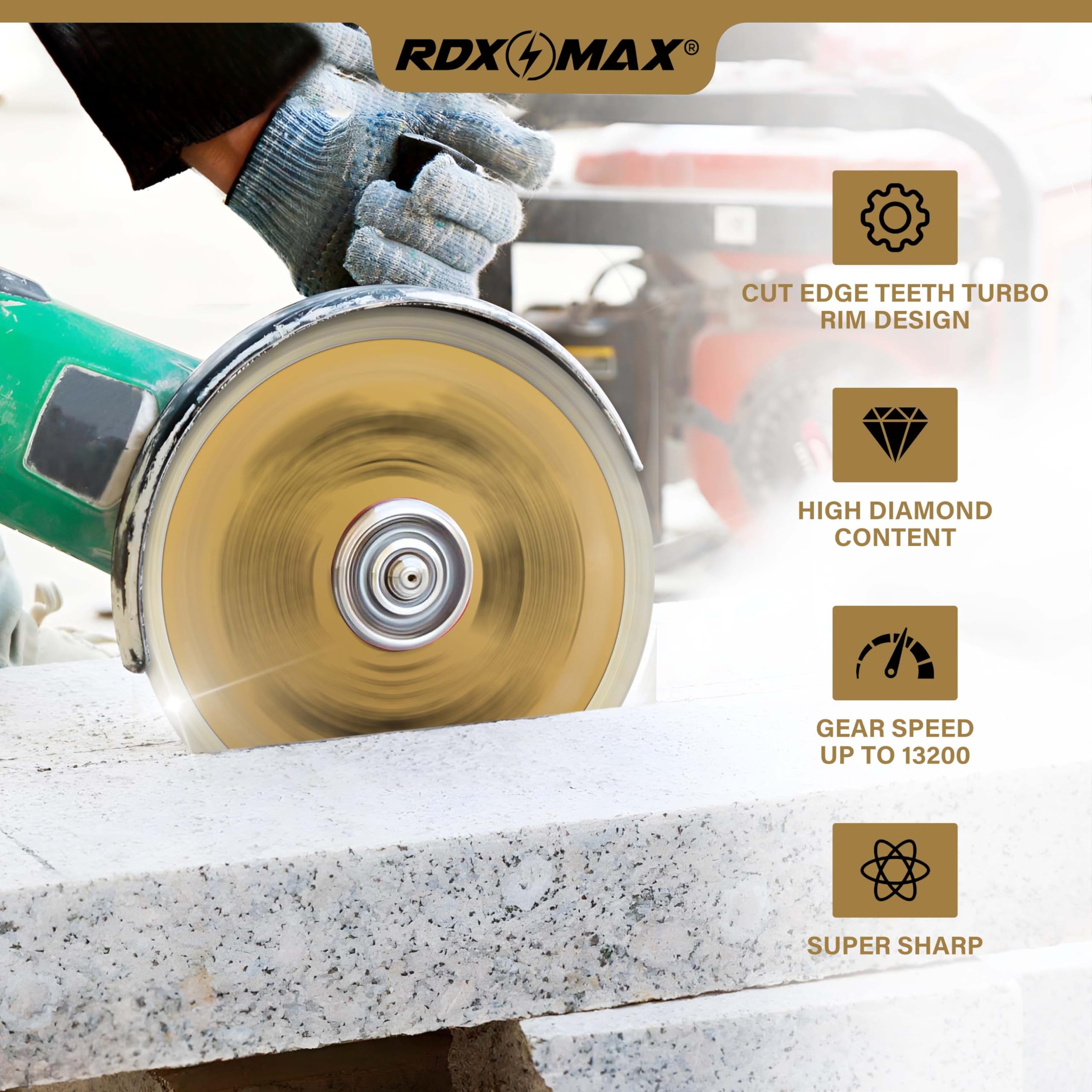 RDXMAX ® 115mm Diamond Cutting Discs for Angle Grinder-Super Thin Fast,Clean Cut on Porcelain,Granite,Marble,Concrete,Tiles,Stones,Bricks & Ceramics-4.5 inches Wheel -Size 115 x2.2 x22.23mm- 2 Pack Golden