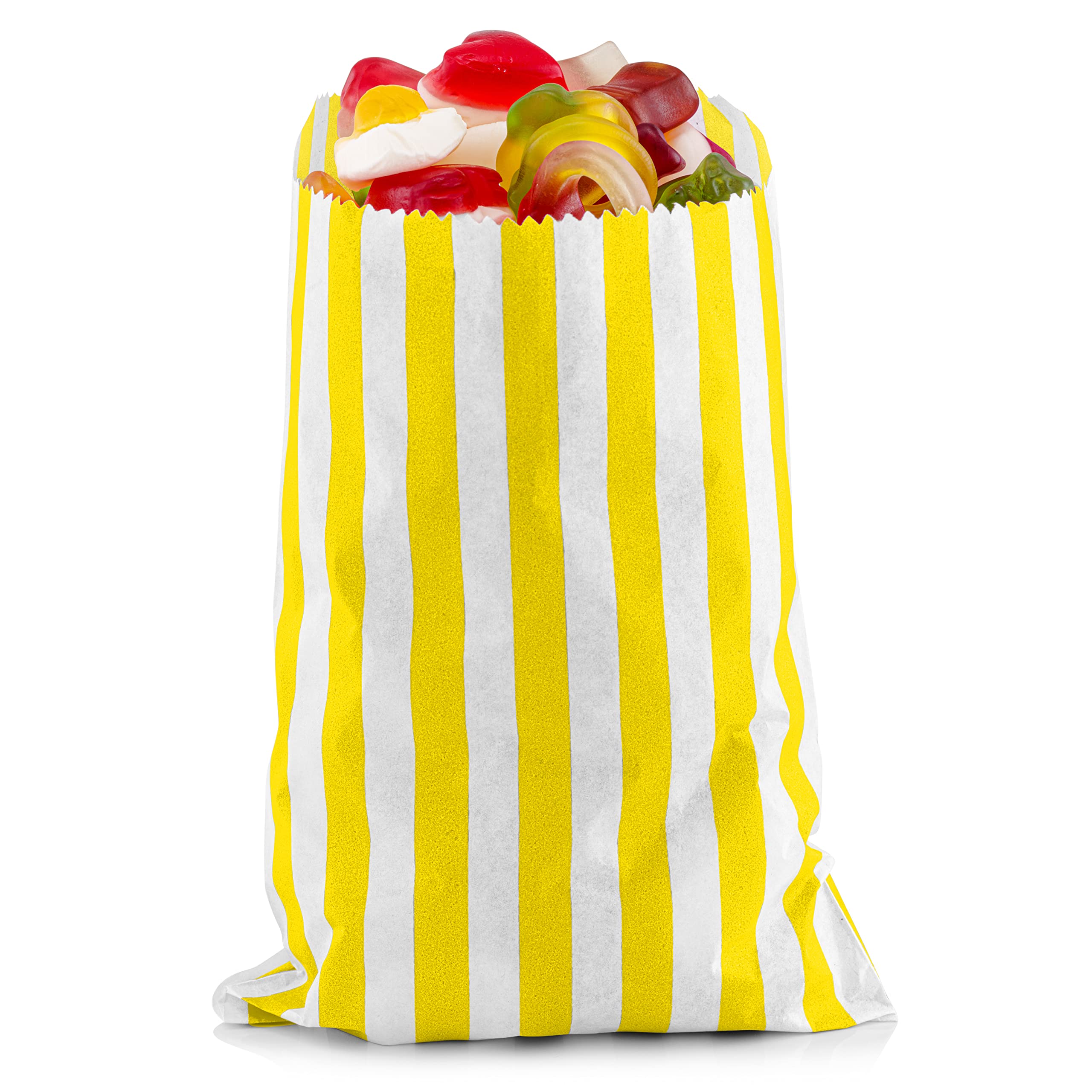 Yellow Paper Sweet Bags 5 x 7”   REALUS 100pk Small Empty Sweets Bag   MADE IN BRITAIN   Retro Candy Stripe Sweetie Bags – Perfect for Kids Party, Pic n Mix Shop, Wedding Favours, Popcorn