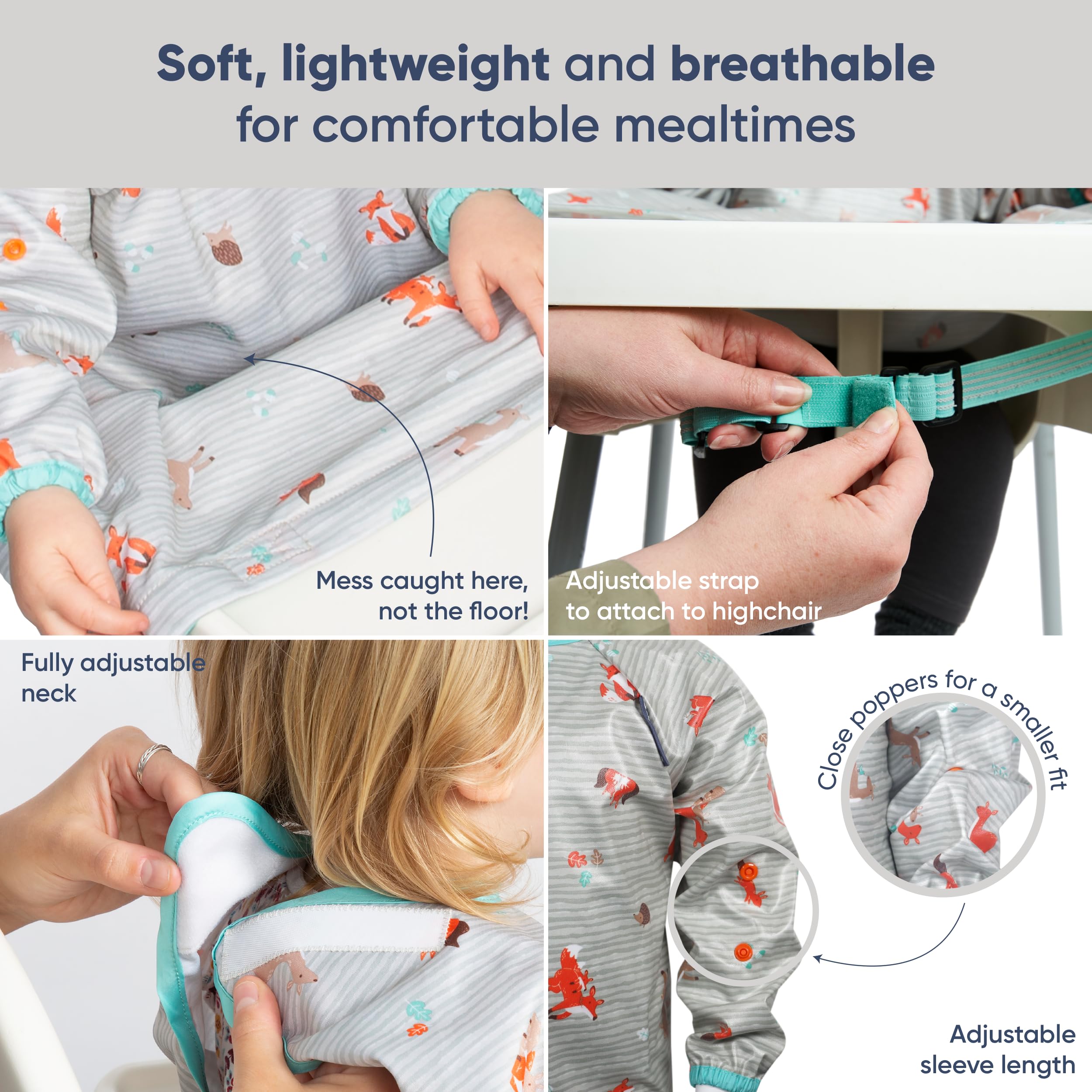 BIBaDO Coverall Weaning Bib - Toddler Baby Long Sleeve Bibs for Ages 6-36 Months Attaches to Highchairs Pushchairs Tables - Waterproof Machine Washable. Mess Proof Feeding BLW Bibs