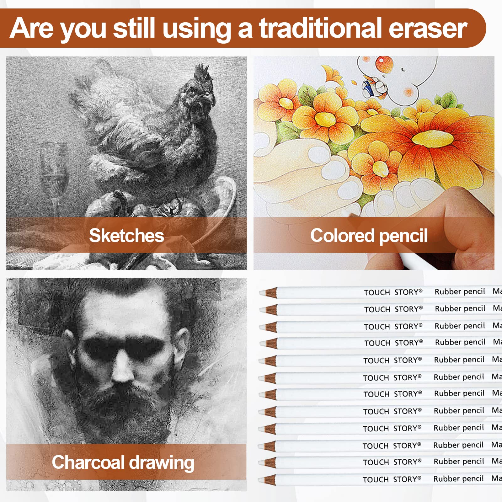 12Pcs Eraser Pencil for Artists, Pencil Rubber Eraser Pencils for Artists Highlight Eraser, Wooden Sketch Eraser Pen Eraser Pencil for Sketching Charcoal Sketch Drawings Pencils for Artists Kids