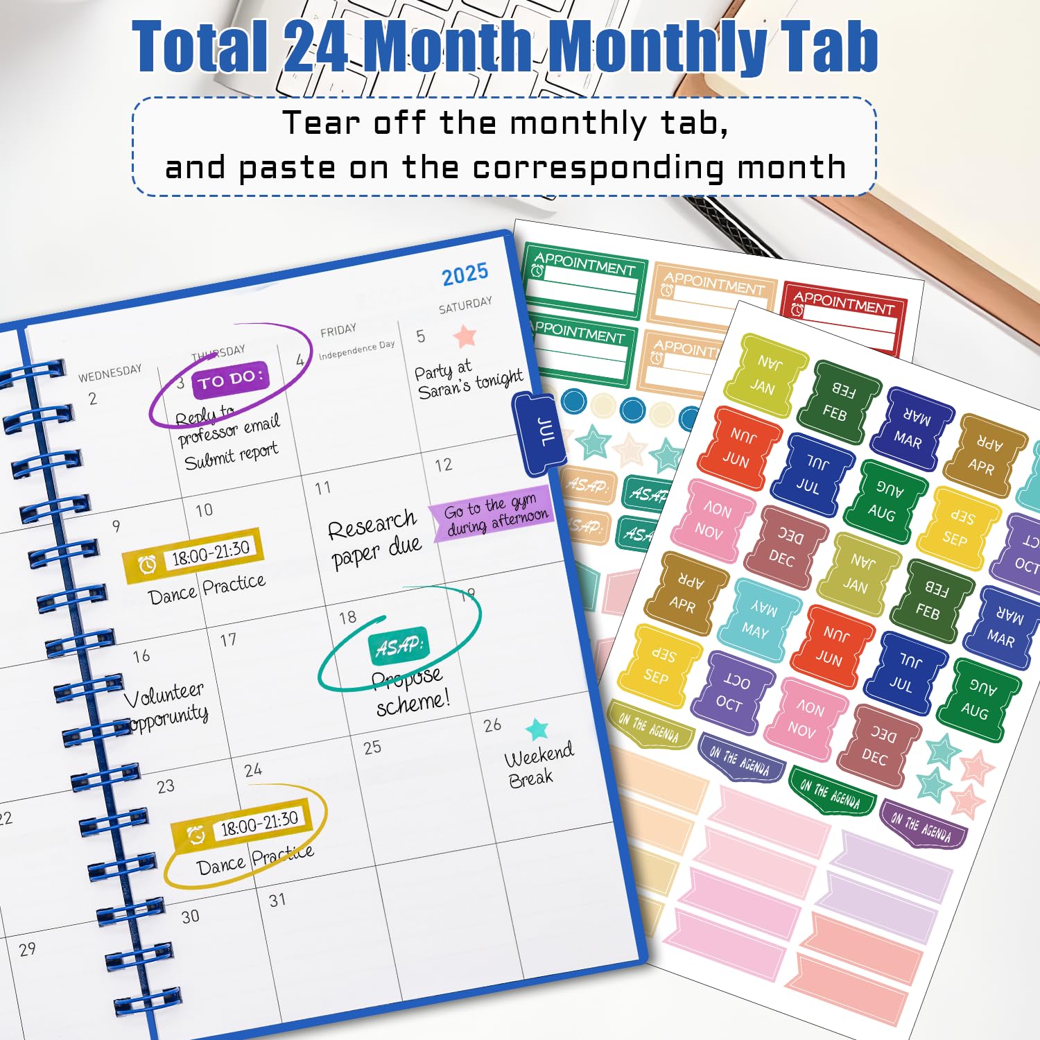 BLESWIN 2024-2025 Monthly Planner, 18 Months Academic Planner with Stickers Tabs, 200 Pages Diary A5 Week to View Spiral Bound, Appointment Books & Planners, Diary Week to View for Women Men