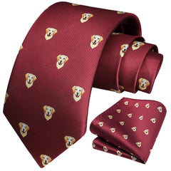 HISDERN Burgundy Tie for Men Dog Pattern Ties Handkerchief Novelty Animal Print Wedding Necktie & Pocket Square Set