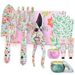 Gardening Gifts for Women, 8Pcs Garden Tools Set Including Hand Trowel, Fork, Scissors, 2 Hand Creams, 2 Candles and Gloves, Garden Birthday Gifts for Women Mum Gardener Lovers