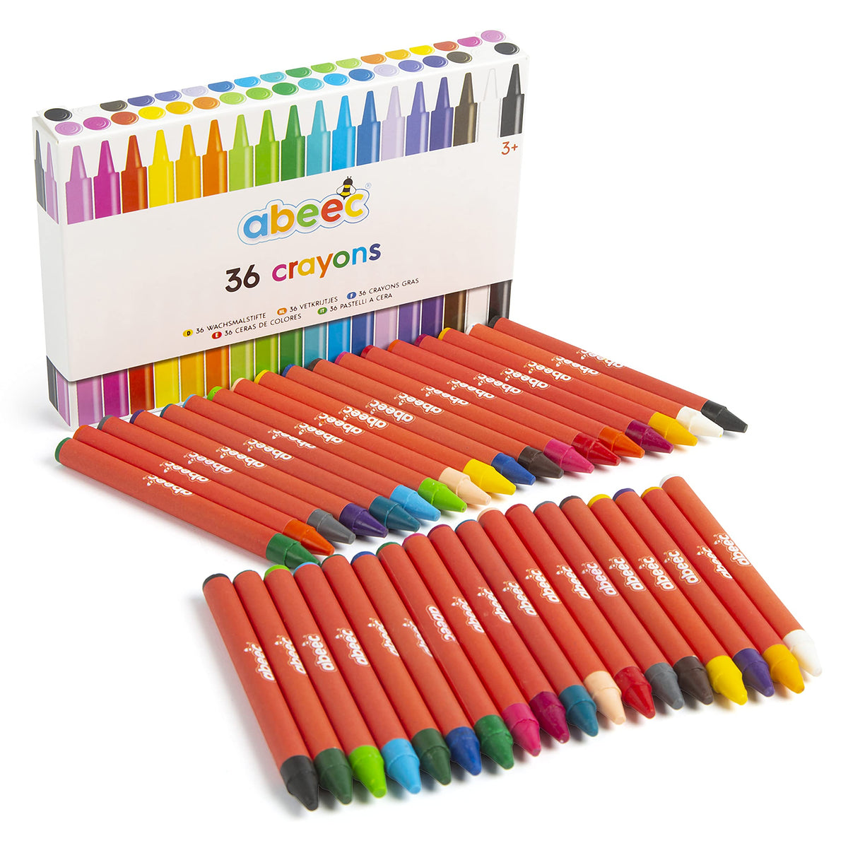 abeec 36 Crayons - Set of 36 Assorted Wax Crayons for Kids - 18 Different Coloured Colouring Crayons with 2 of Each Colour– Art and Crafts Supplies for Kids