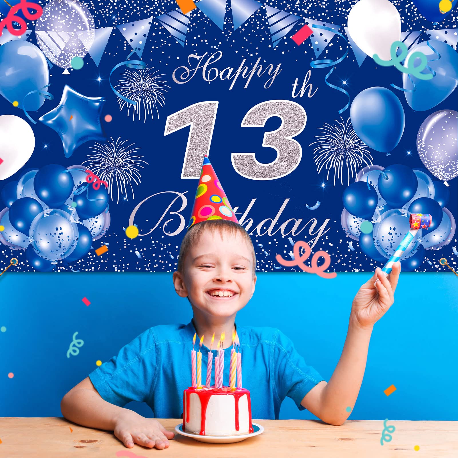 Pinenuts Happy 13th Birthday Backdrop Banner Blue 13th Birthday Decorations for Boys Girls, Large Fabric Birthday Photo Background Birthday Sign Poster, 3.6 x 6.1 ft