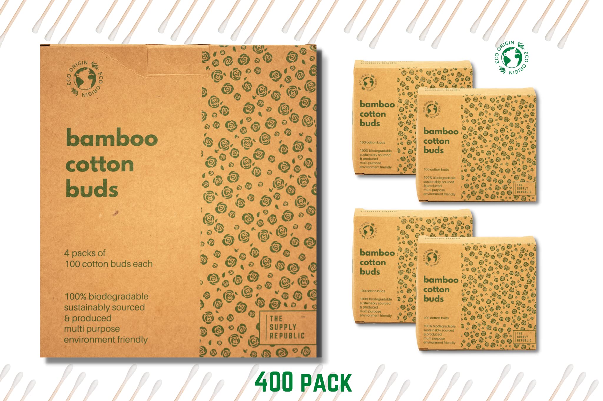 400 Bamboo Cotton Buds  100% Eco-Friendly Biodegradable   Cotton Wool Buds Q Tips   Compostable Bamboo Earbuds   Recycled Plastic Free Packaging   4x100 Ear Buds Cotton… (400 Count)