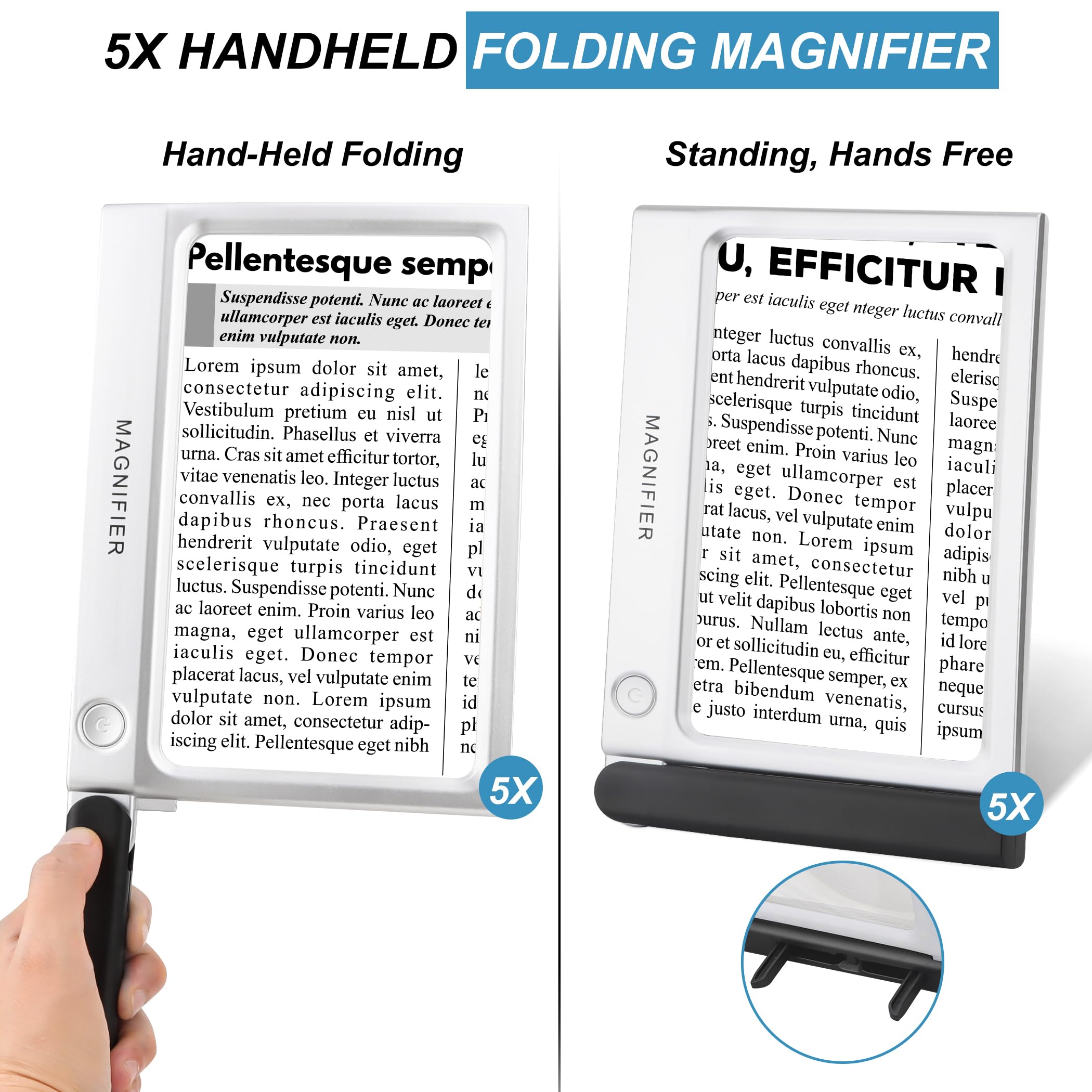 Magnifying Glass with Light, Folding Handheld 5X Large Rectangle Lighted Magnifier with Dimmable LED for Macular Degeneration Seniors Reading Newspaper, Books, Lighted Gift for Low Visions