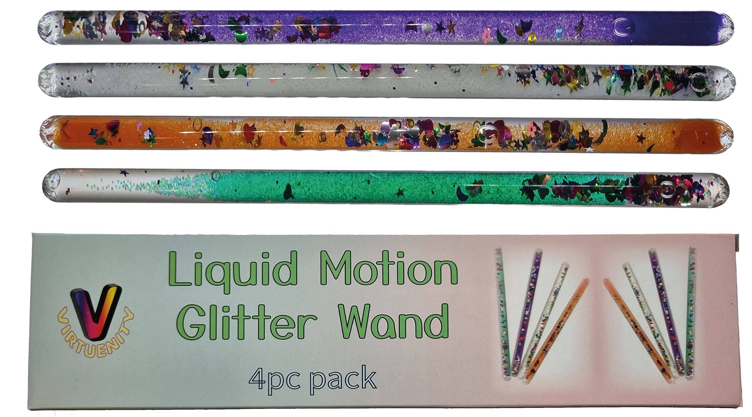 VIRTUENITY Liquid Motion Glitter Wand Sensory Toy For Autism, ADHD, SPD, Sensory Needs, Stress Relief, Anxiety And Neurodiversity. Fidget Toy For Kids, Carers And Teachers. (4pc set)