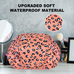 Vavabox Lazy Drawstring Makeup Bags, Large Capacity Waterproof Travel Portable Cosmetic Bag Pouch Makeup Pouch Storage Organiser for Women Girl (Pink Leopard)