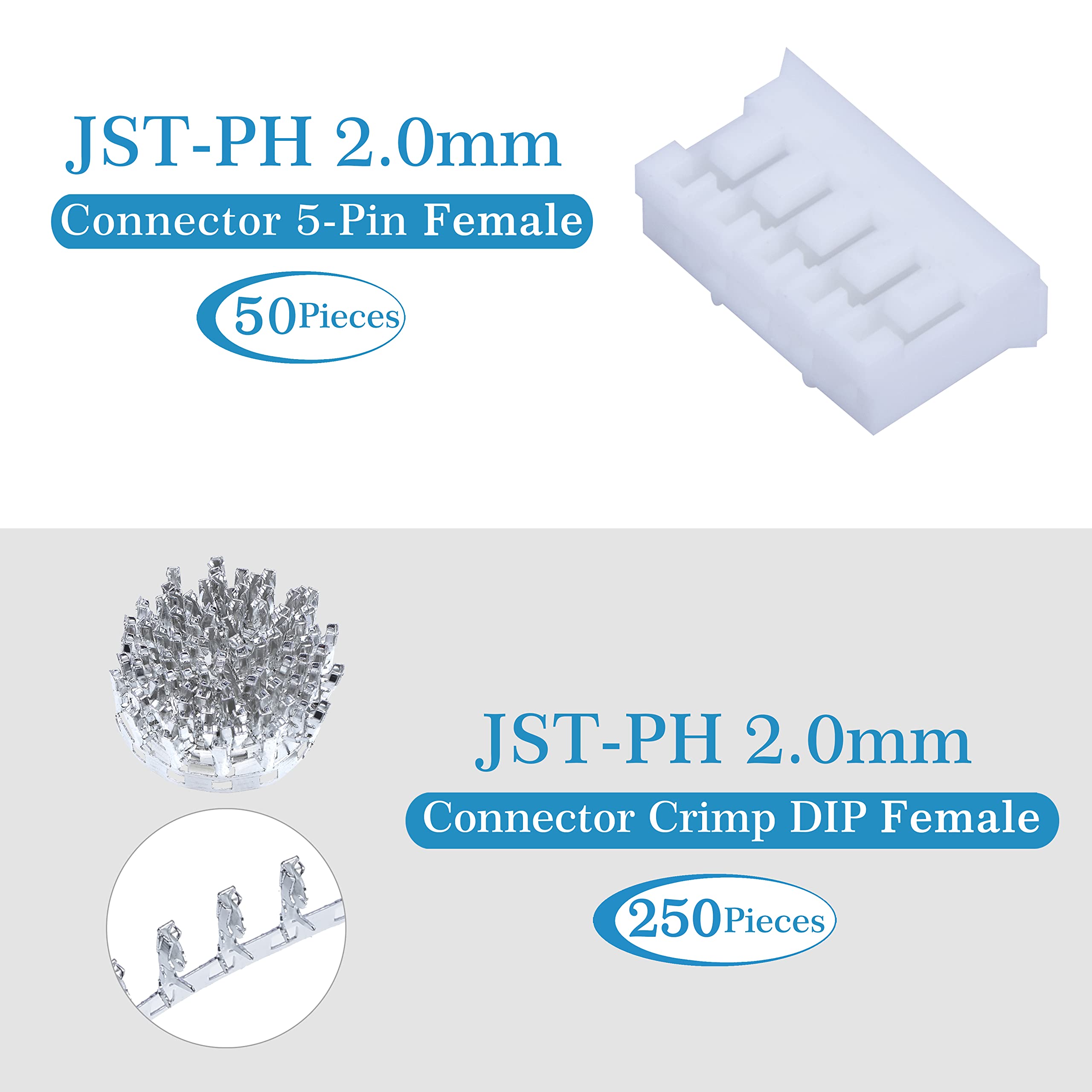 CQRobot JST PH 2.0 mm Pitch 5-Pin JST Wiring Connecting IC Male Plugs, Female Sockets Housing and T-shaped Crimp Terminal Connector Kit. 50 Sets/350 Pieces JST PH Connector Adapter Cable Assembly.