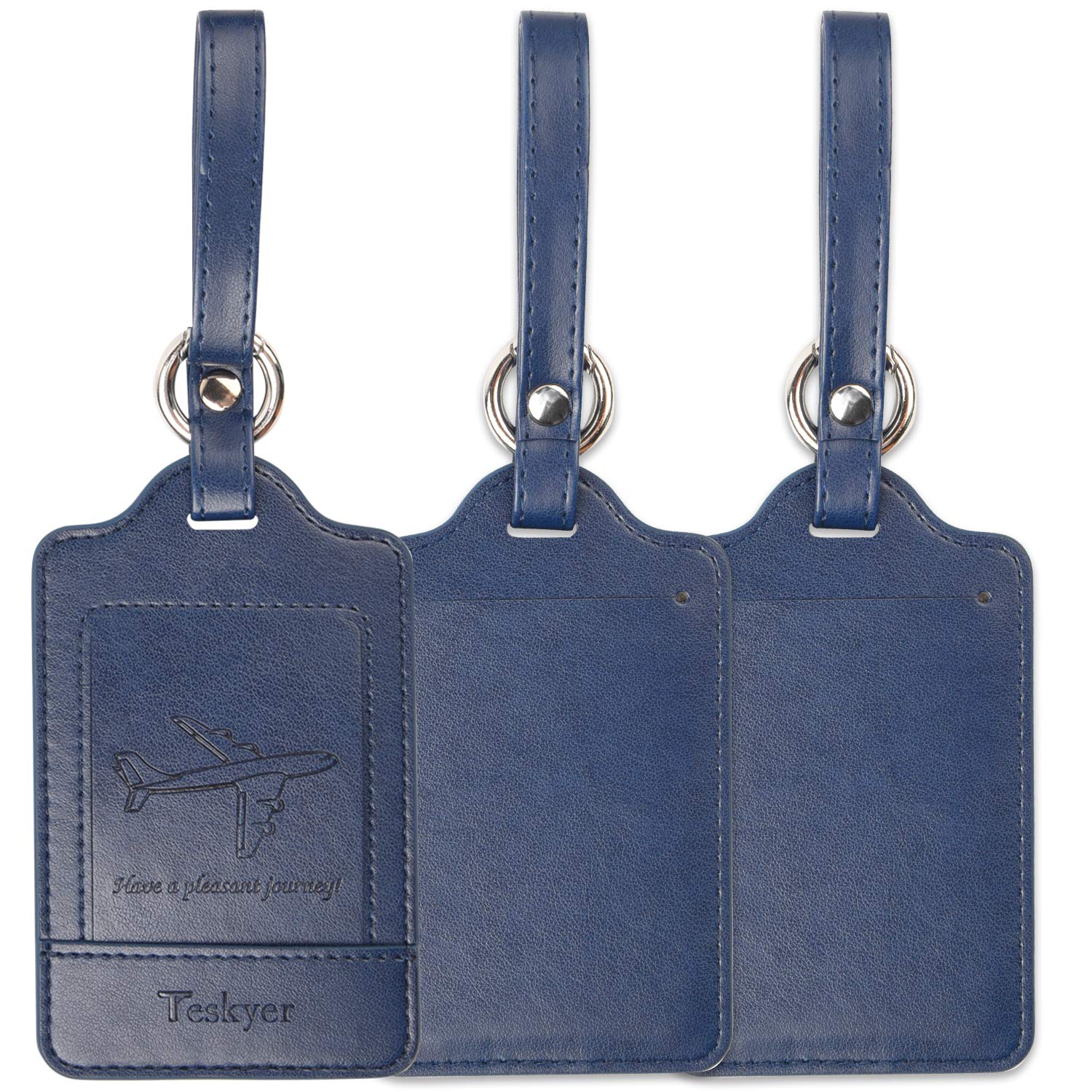 Teskyer Pack of 3 Luggage Tags, PU Leather Luggage Tags for Suitcases, Luggage Labels with Name ID Card, Noticeable, Durable, Travel Accessories, Blue