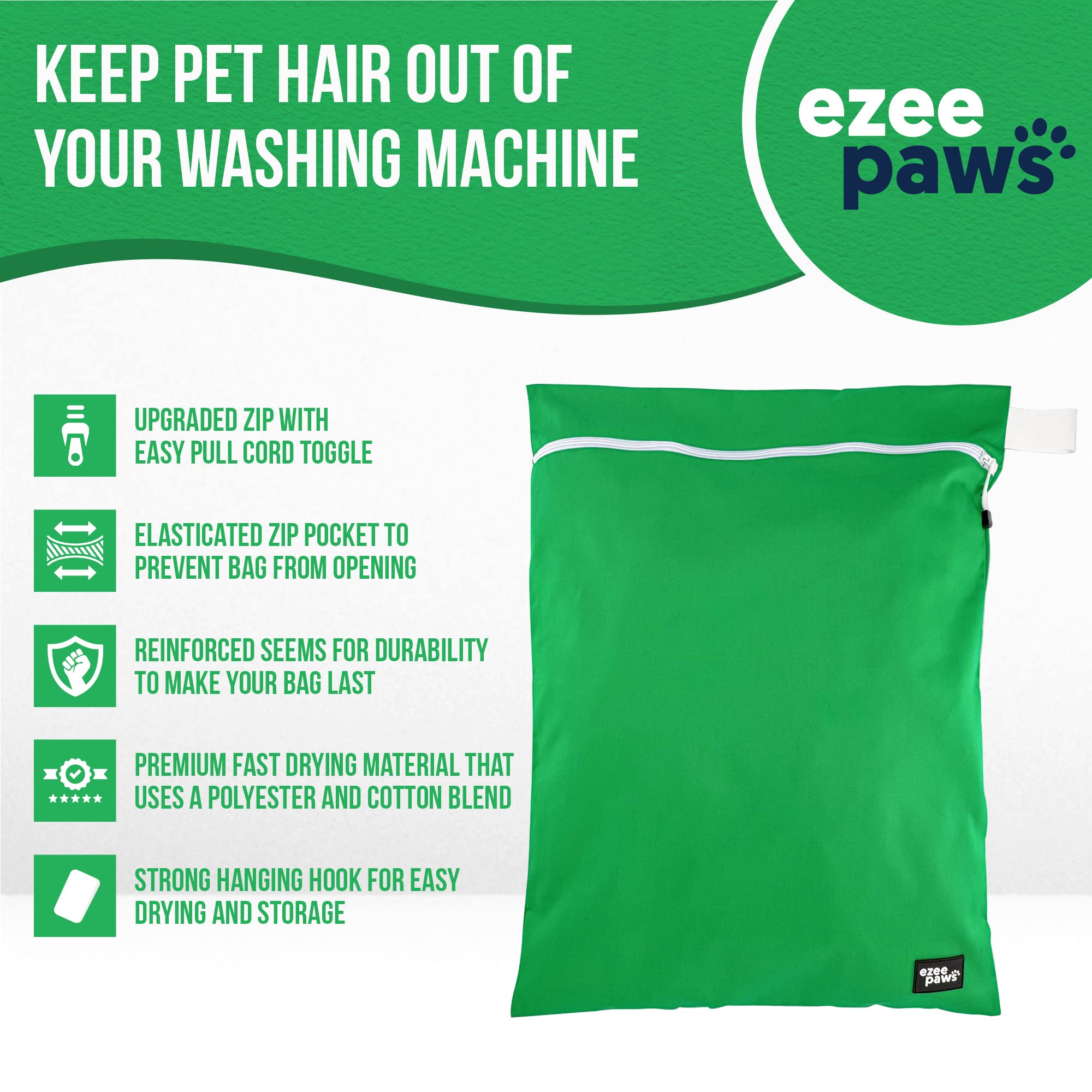 Ezee Paws Pet Laundry Bag for Washing Machine - 75cm x 60cm Large Washing Bag for Laundry - Pet Hair Catcher Wash Bag with Zipper and Hanging Loop