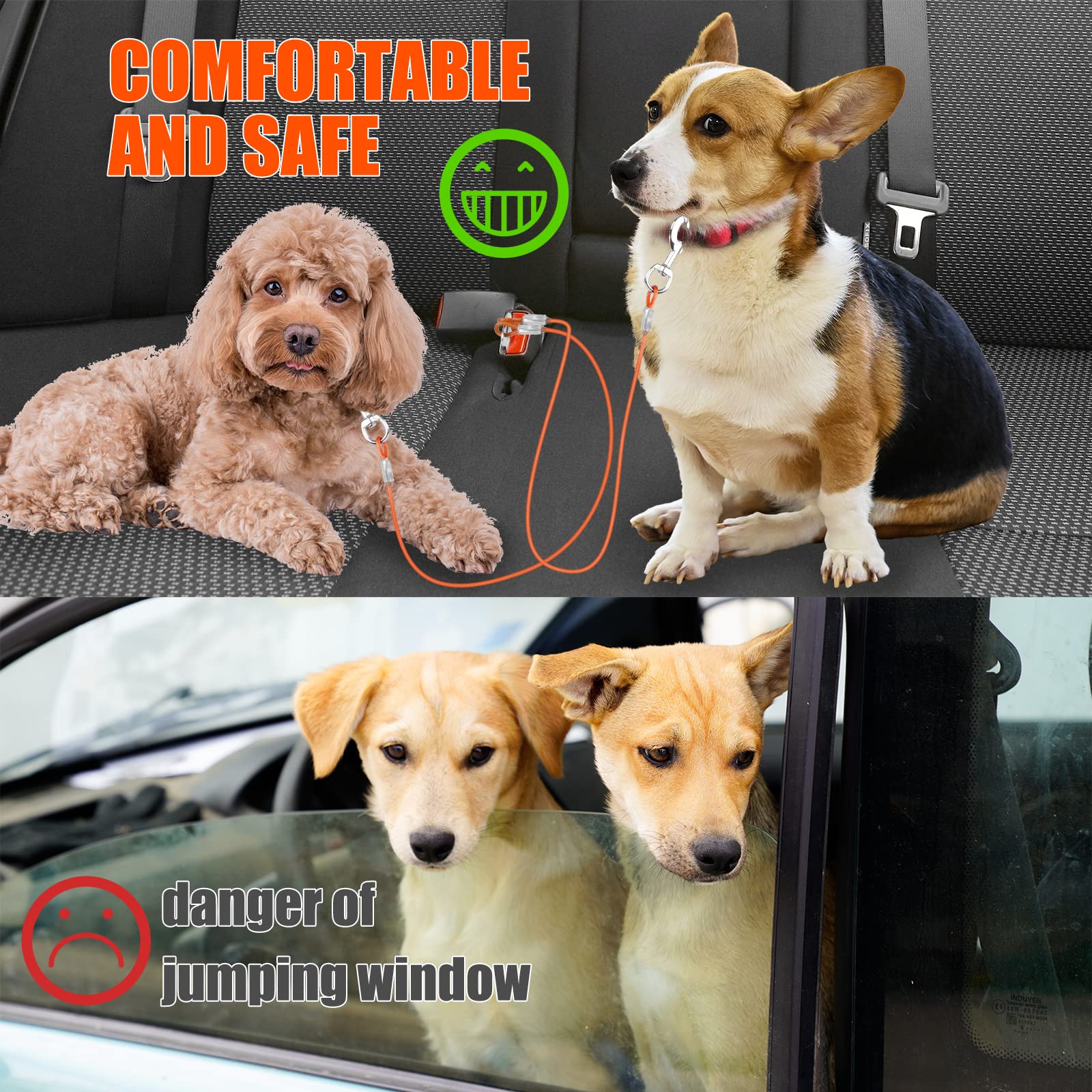 Mi Metty Double Dog Seat Belt,2 in 1Dog Car Harness Made of Coated Wire Rope Safety Restraint No-Chew Tether Cable Stainless Steel. Vehicle Harnesses with Latch Attachment